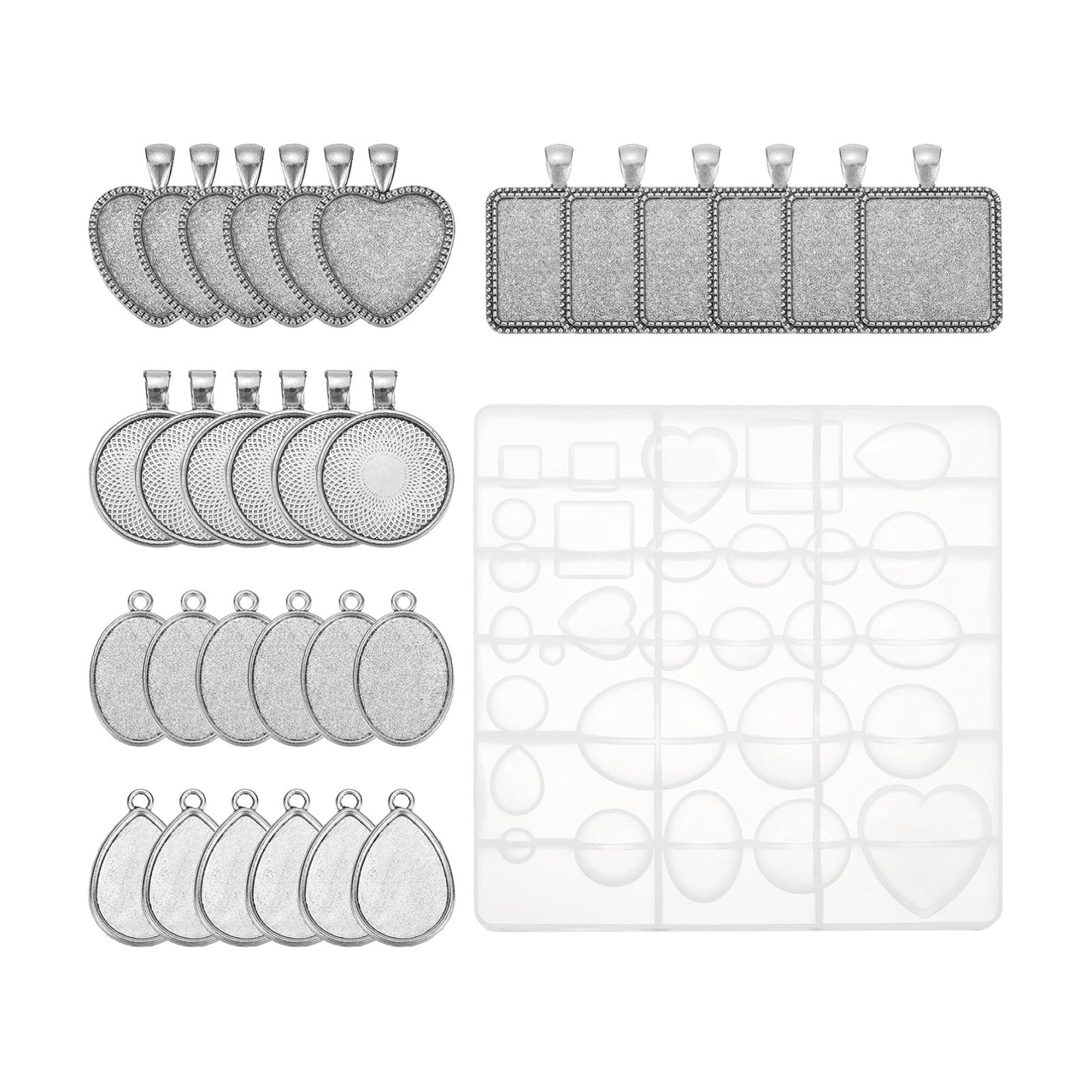 5 Style Metal Pendant Trays for DIY Crafts Earring / Silver / Set of 30