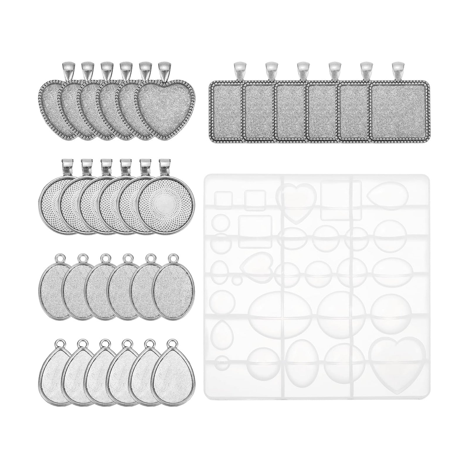 5 Style Metal Pendant Trays for DIY Crafts Earring / Silver / Set of 30