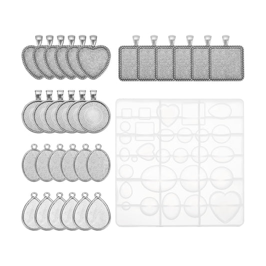 5 Style Metal Pendant Trays for DIY Crafts Earring / Silver / Set of 30