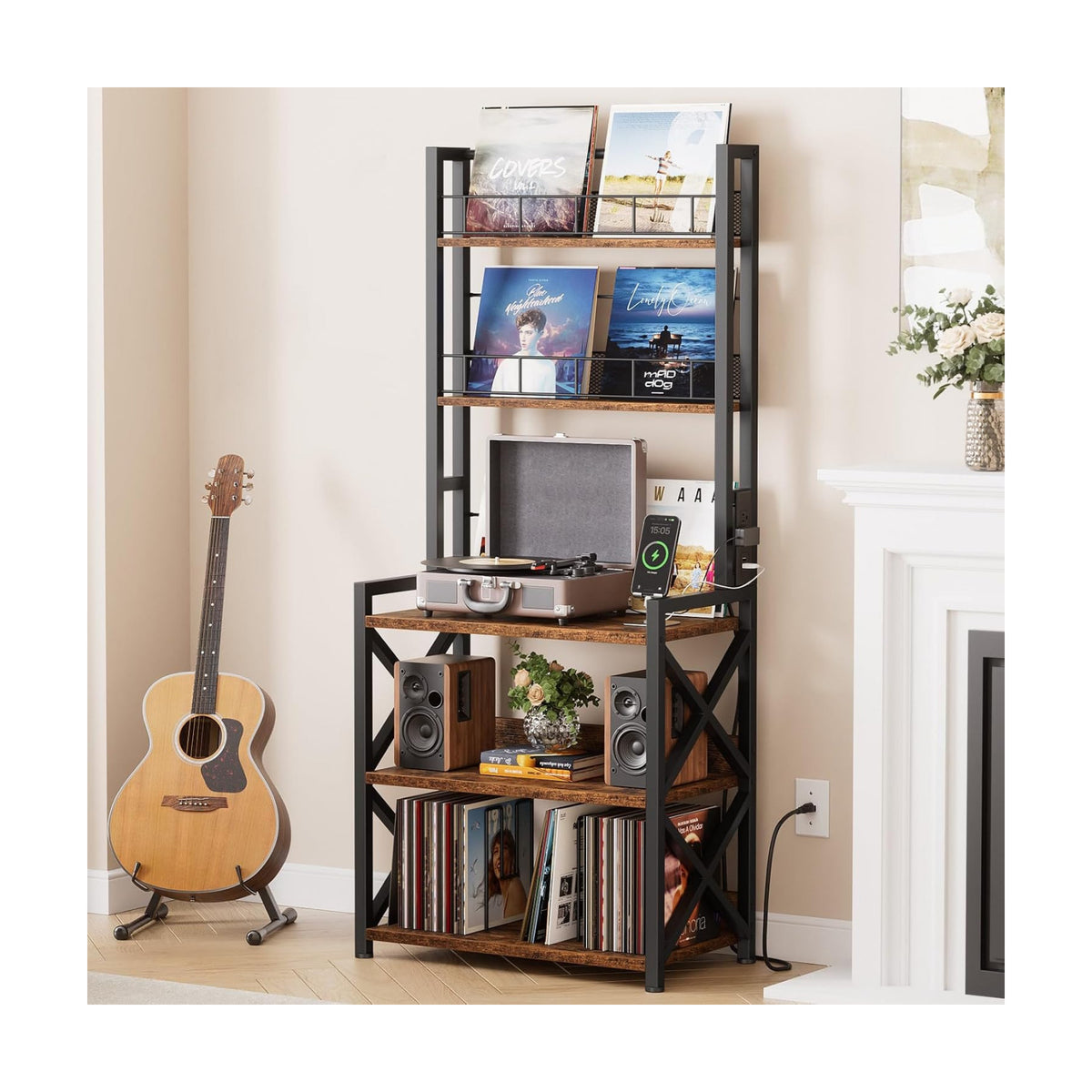 Record Player Stand with Power Outlet - Turntable Display Shelf | 5-tier Vinyl Record Storage Rack Holds 300 LPs, Media