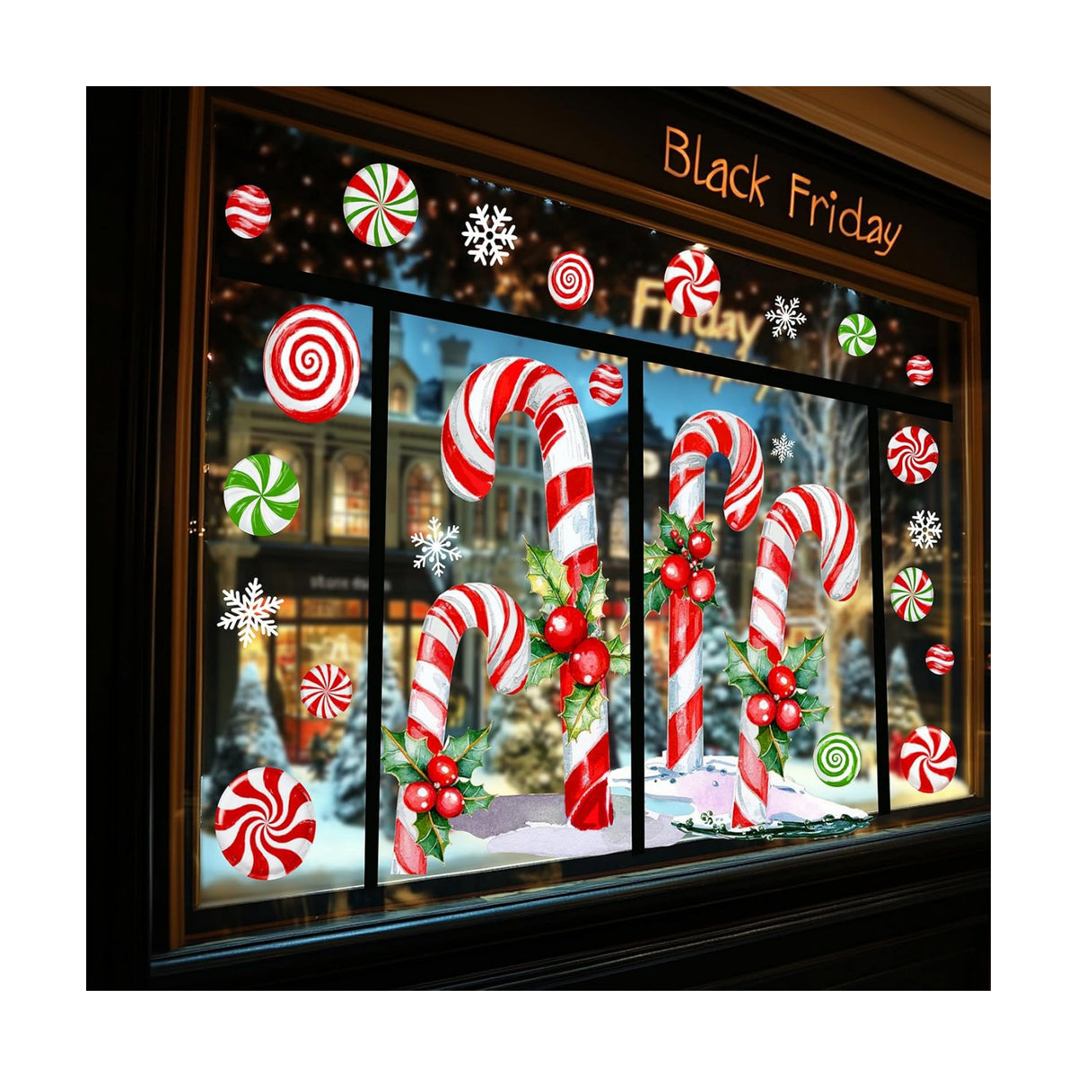 Whaline 13.8 x 35.4'' Extra Large Christmas Window Clings Red Green Candy Cane Holly Berry Window Stickers Double Sided Glass Decals for Winter Xmas Home Classroom Office Party Decoration, 3 Sheets