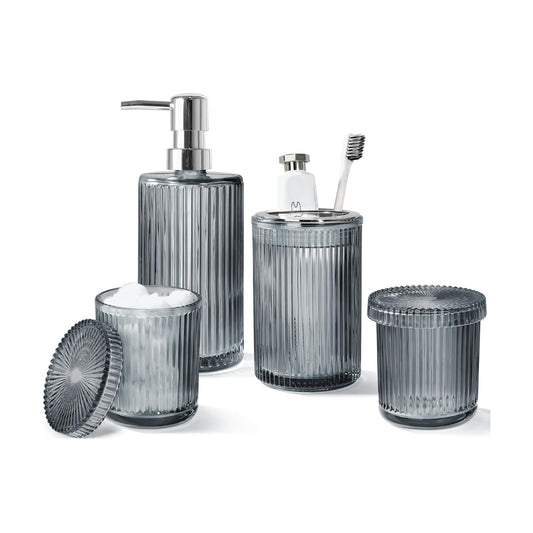 KASUNTING Gray Glass Bathroom Accessories 4 Pcs, Grey Bathroom Set, Soap Dispenser and Toothbrush Holder Set, Qtip