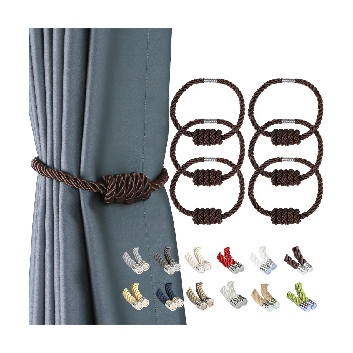 BEL AVENIR Magnetic Curtain Tiebacks 6 Pack Hand-Woven Curtain Ties | Coffee Decorative Curtain Holdbacks Bohemian
