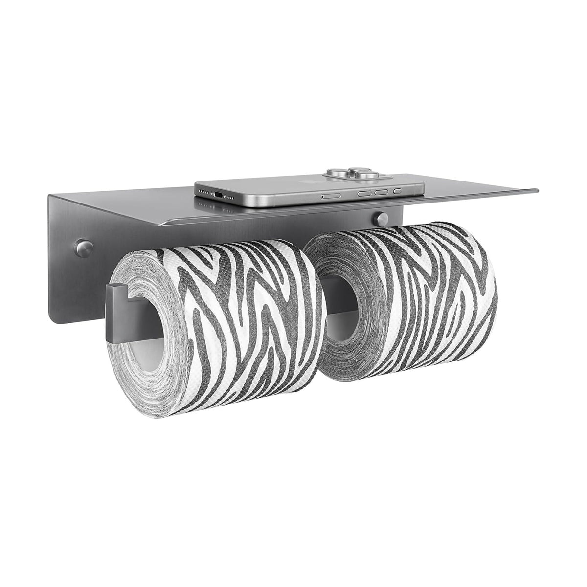 APLusee Double Toilet Paper Holder with Storage Phone Shelf, Gunmetal Gray | 304 Stainless Steel for Bathroom