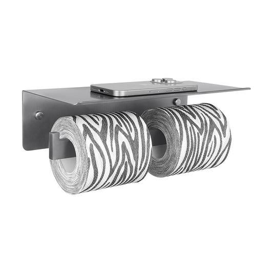 APLusee Double Toilet Paper Holder with Storage Phone Shelf, Gunmetal Gray | 304 Stainless Steel for Bathroom