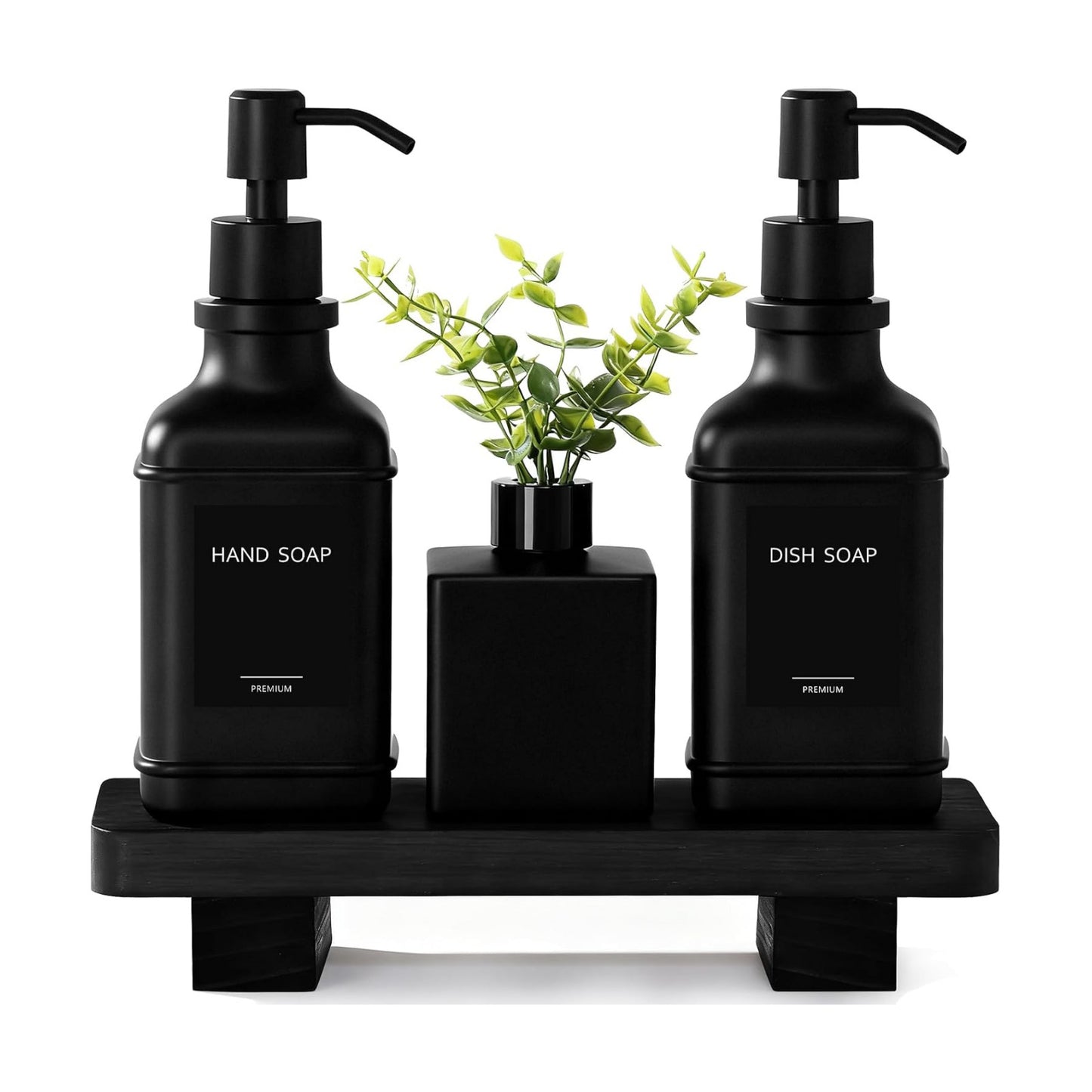 Modern Kitchen Soap Dispenser Set with Wood Tray, Black Glass Soap Dispenser with Pump, Decorative Hand and Dish Soap