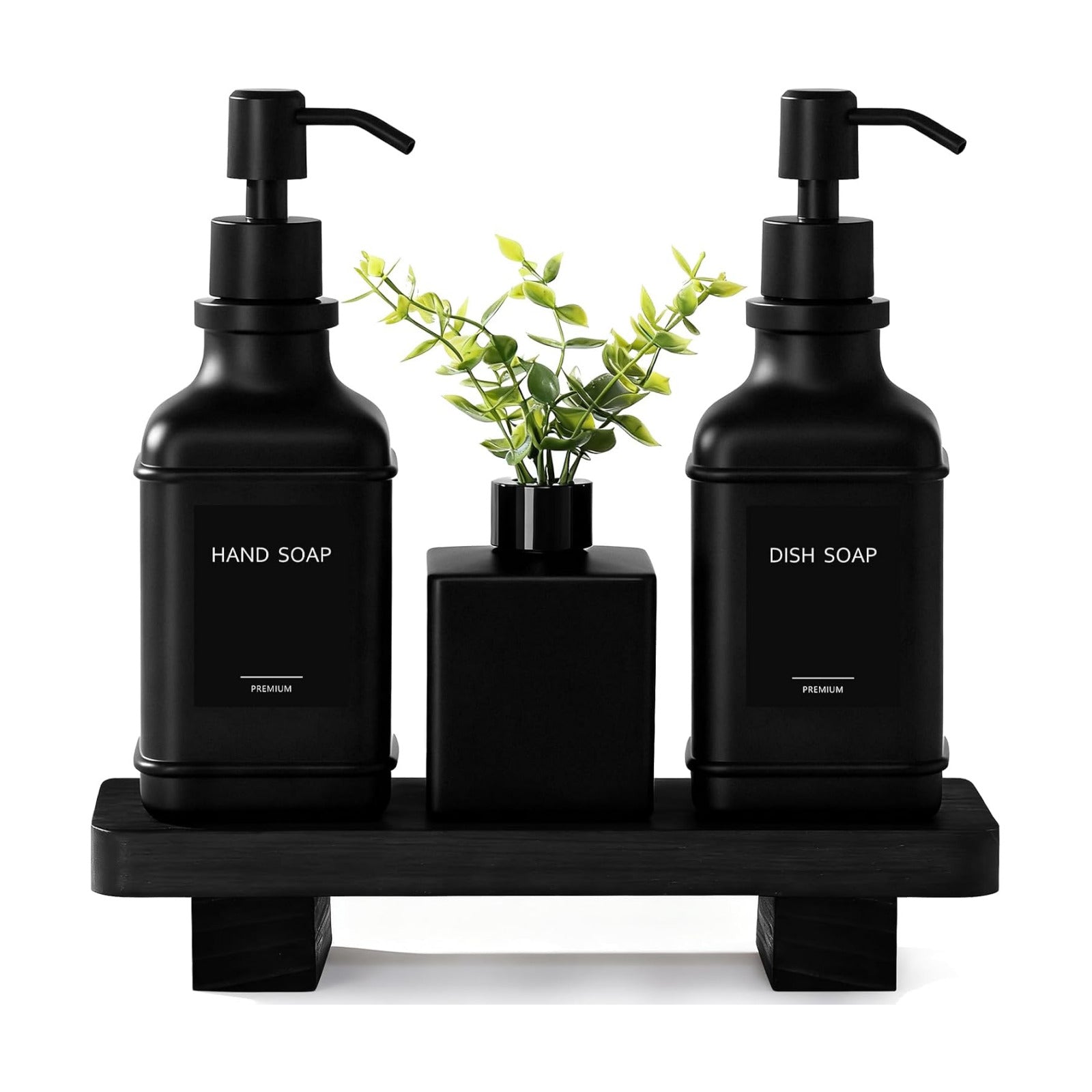 Modern Kitchen Soap Dispenser Set with Wood Tray, Black Glass Soap Dispenser with Pump, Decorative Hand and Dish Soap