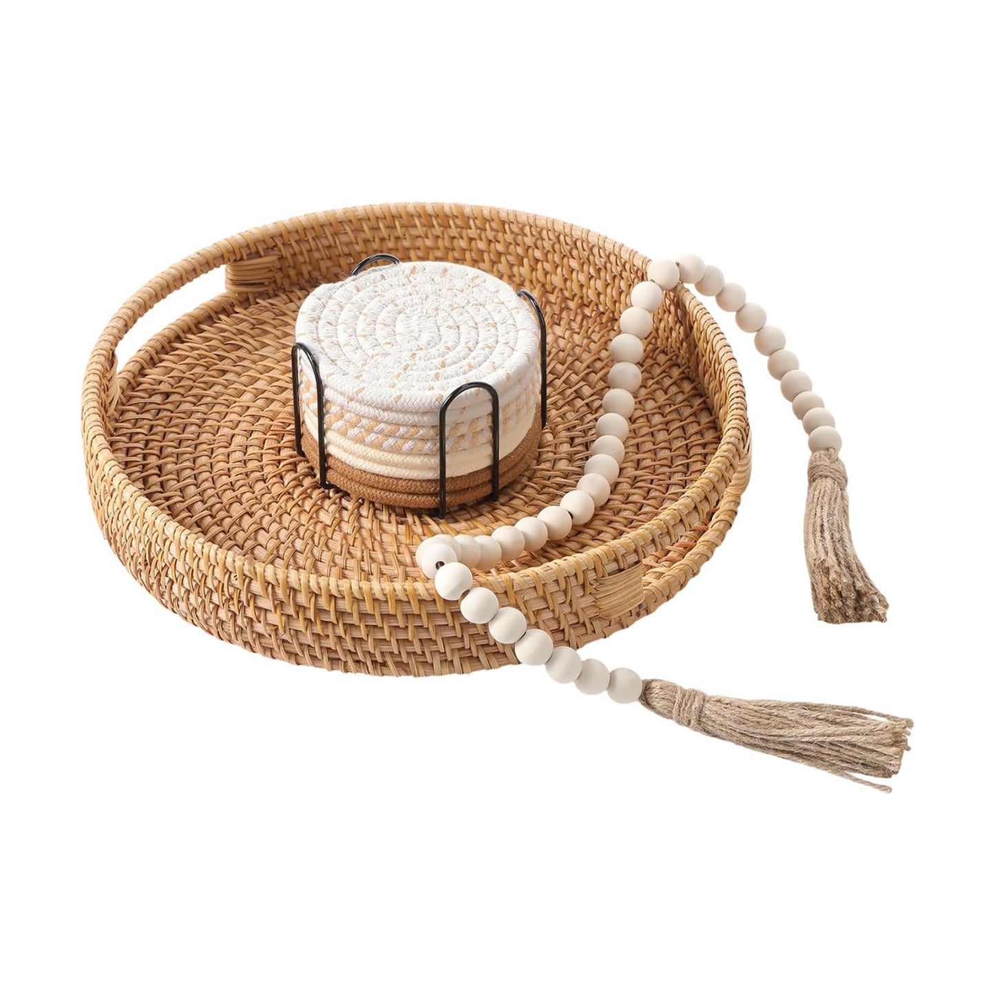 11.8" Hand-Woven Round Wicker Tray Circle Rattan Decorative Serving Tray Cotton Woven Coaster Wood