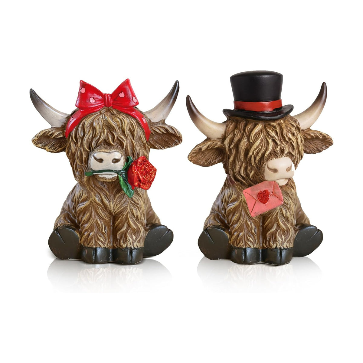 Simgoing 2 Pack Valentine's Day Highland Cow Figurines Resin Highland Cow with Love Letter and Rose Calf Lovers Gifts Valentines Tabletop Decorations for Home Centerpieces Exchange Gifts