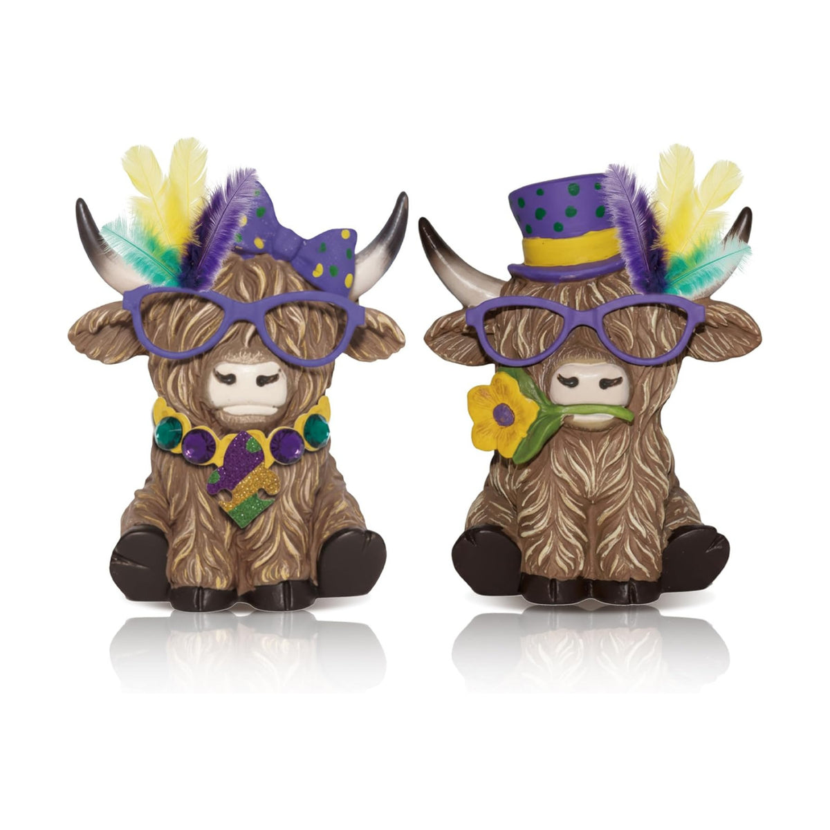 Simgoing 2 Pack Mardi Gras Highland Cow Figurines, Mardi Gras Masks Gnomes Carnival Masquerade Highland Cow Green Gold Purple Table Decor Scottish Resin Statue Calf Gift for Home Garden Kitchen Office