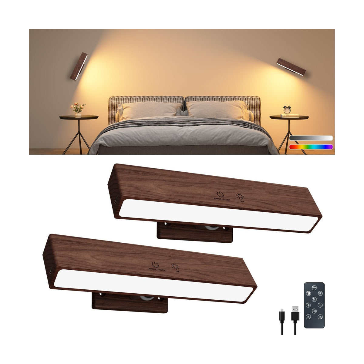 Rechargeable Wood Wall Sconce (2 Pack) with Remote & Touch, 5200mAh Battery Operated Wall Lights with 3 Color