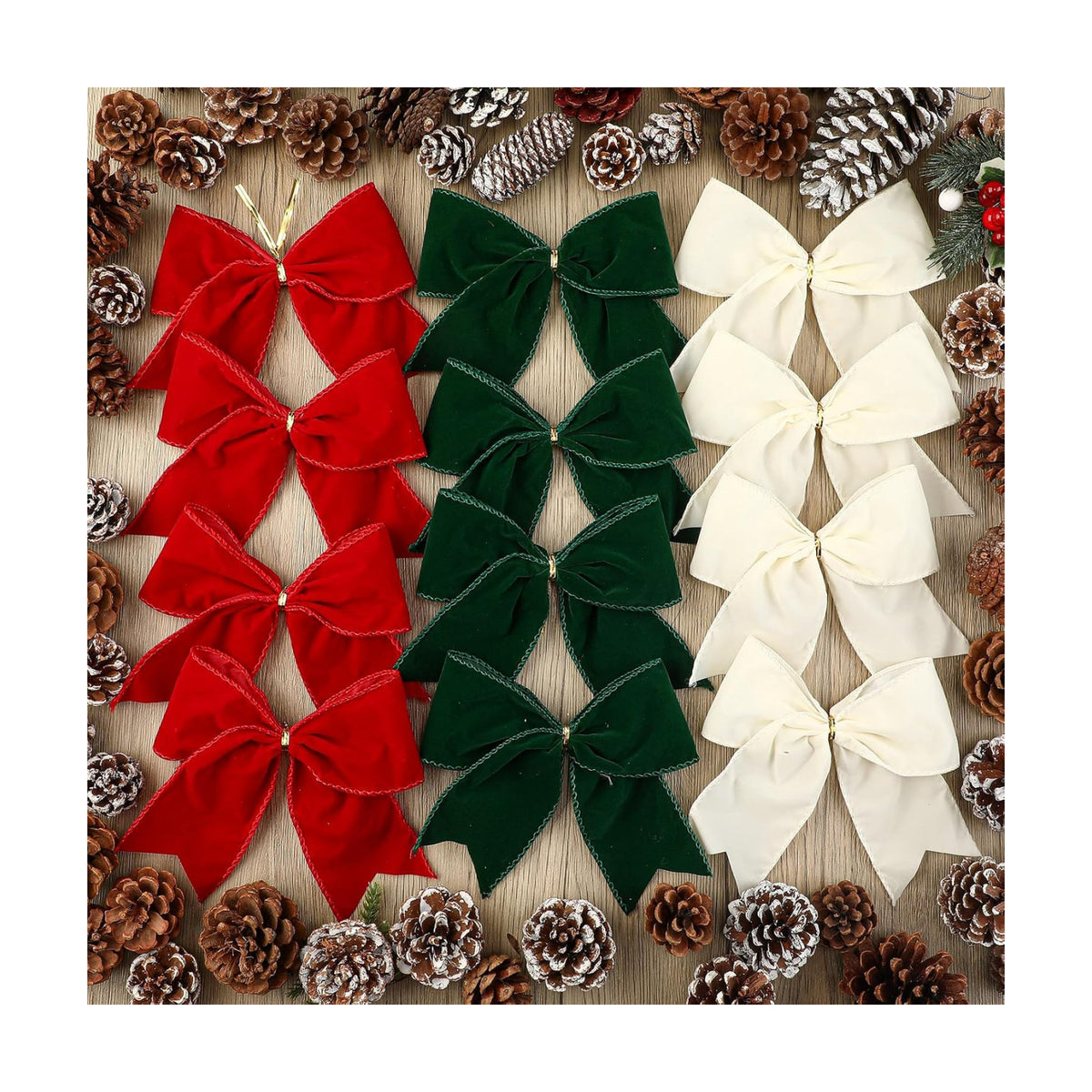 Janinka 12 Pcs 6 Inch Christmas Velvet Bows for Wreath Dark Green Red Beige