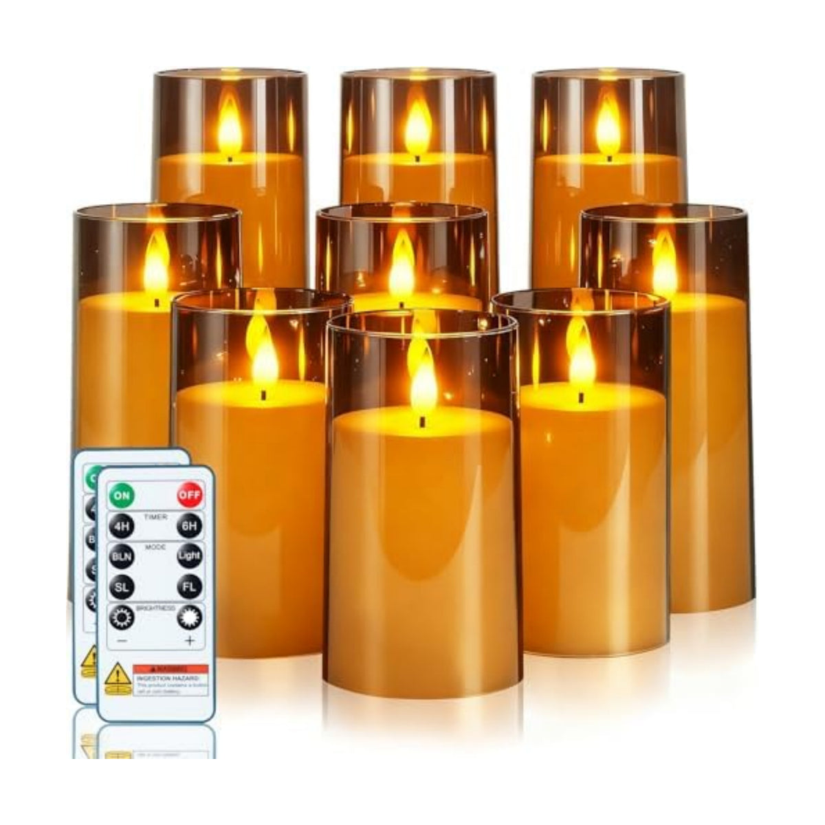 Homemory Gray Flickering Flameless Candles, Battery Operated Acrylic LED Pillar Candles with Remote Control and Timer, Halloween Decor, Set of 9