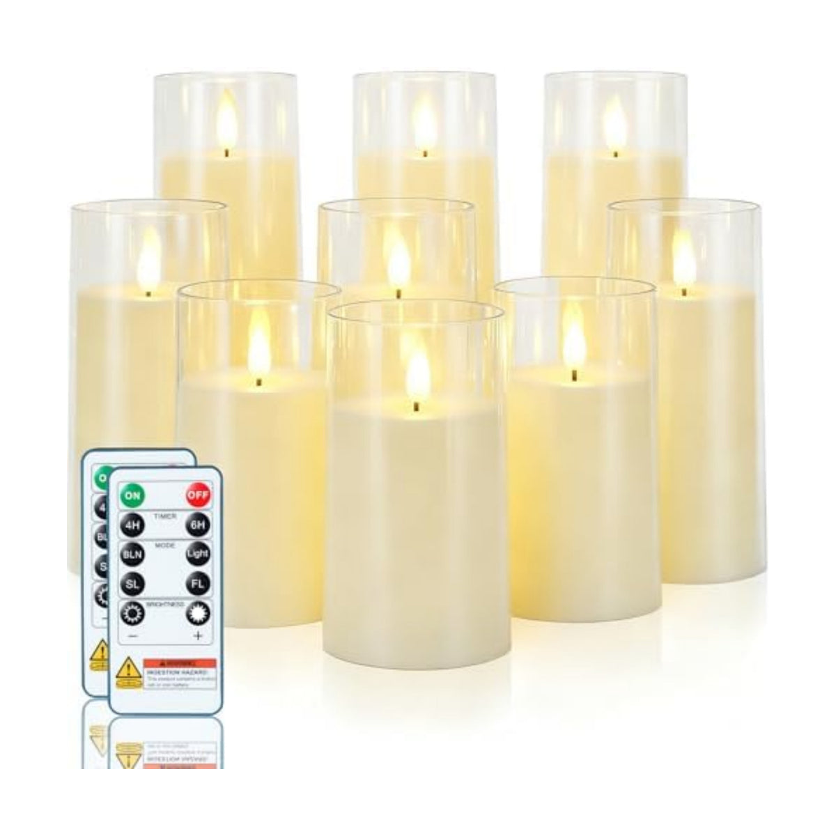 Homemory Ivory Flickering Flameless Candles, Battery Operated Acrylic LED Pillar Candles with Remote Control and Timer, Set of 9