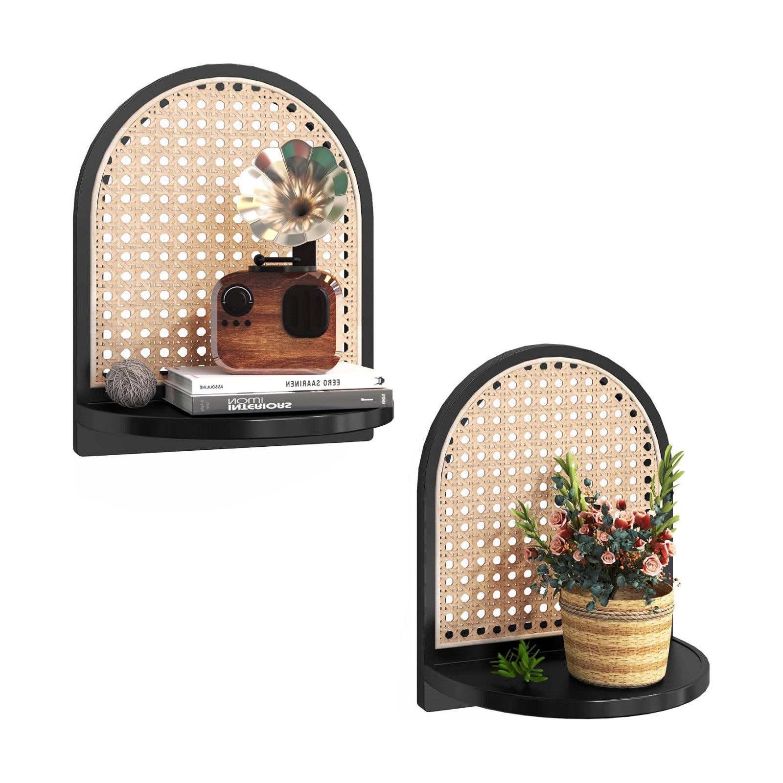 Boho Wall Decor Small Floating Shelf for Plant / Black / 9.25*5.41*11.61 Inch / Set of 2