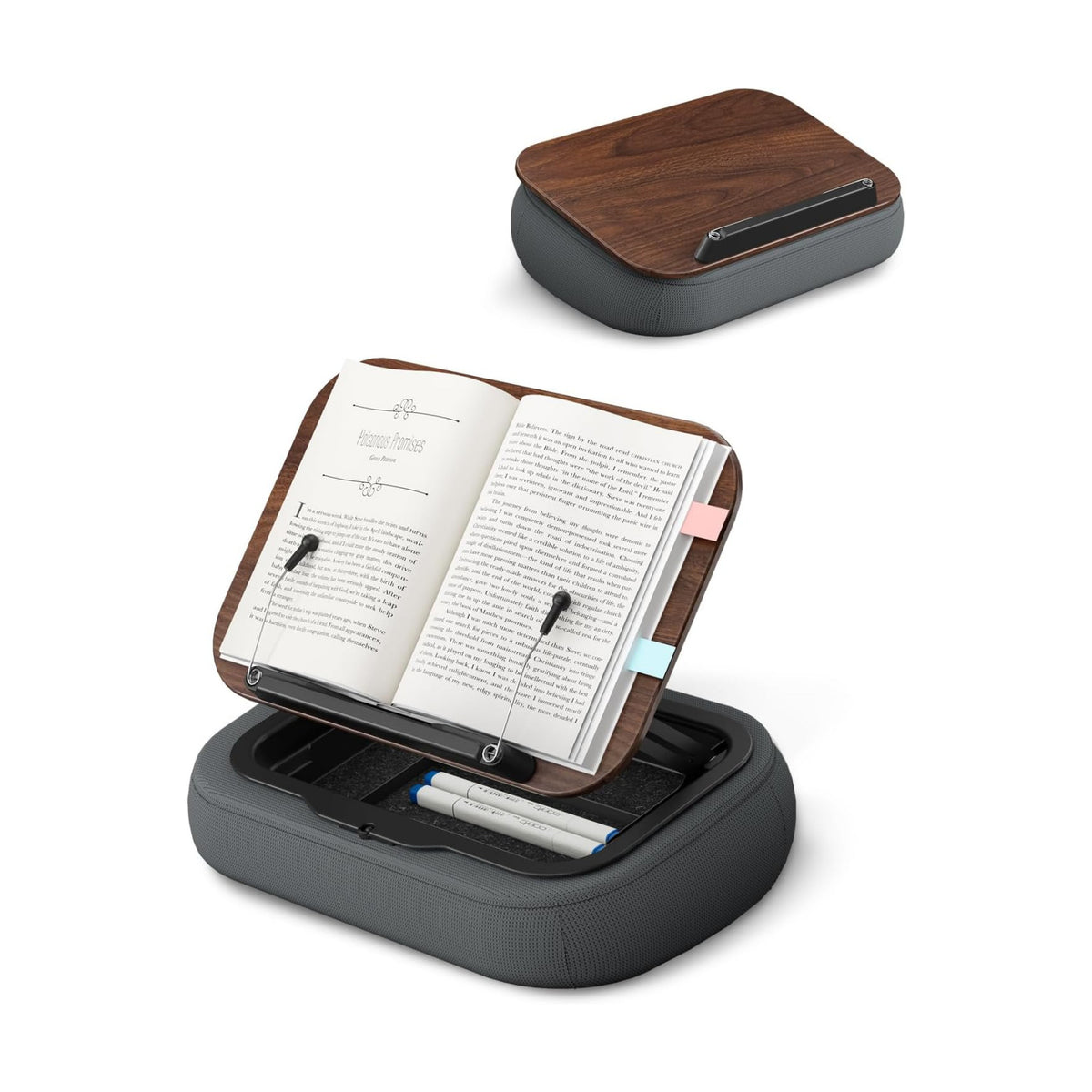 Viozon Lap Book Pillow Stand with Storage, Adjustable Beanbag Reading Pillow with Dark Wood Panel, Multi-Angle Book