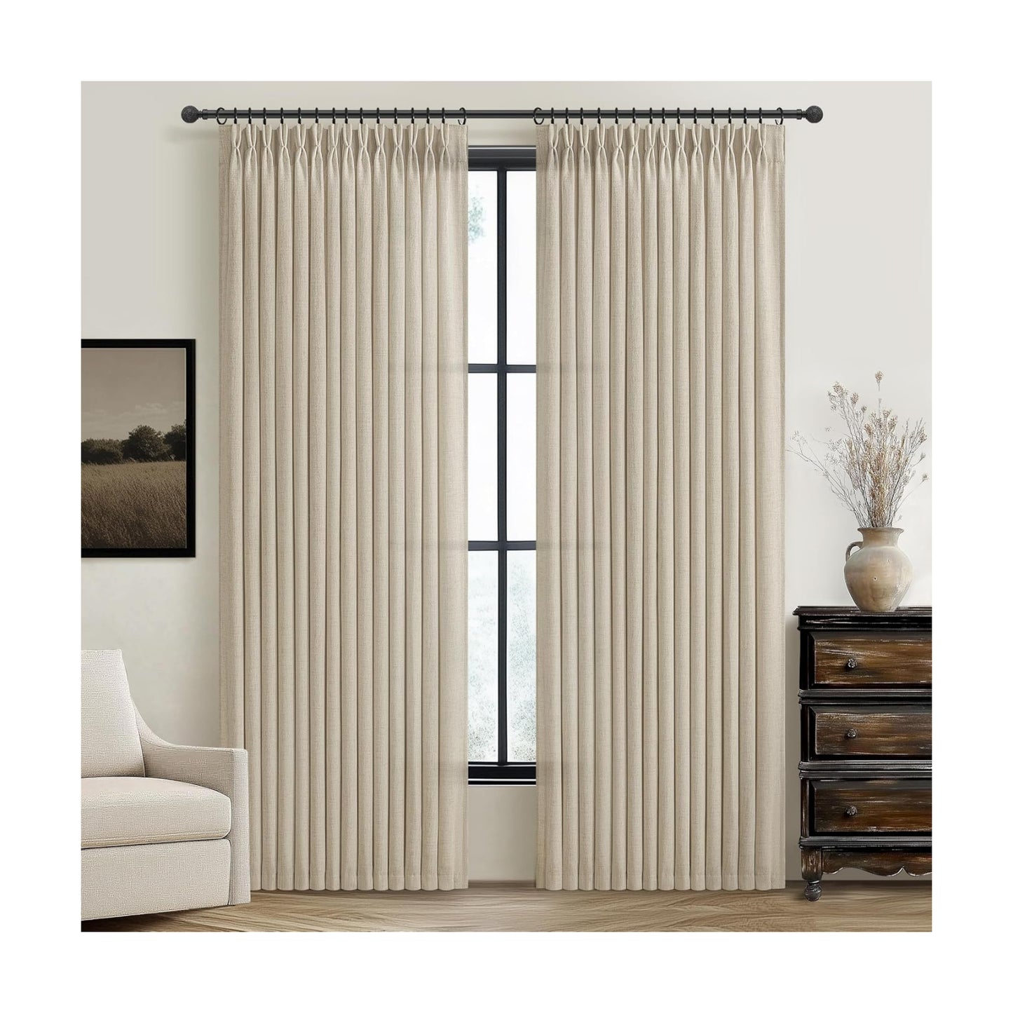 Custom Warm Beige High Ceiling 104 Inch Curtains for Classroom 2 Panels Set, Memory Shape Pinch Pleat Semi Sheer