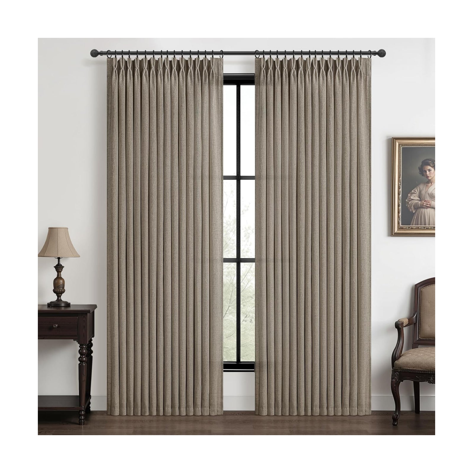Pinch Pleat 60 Inch Wide Semi Sheer Curtains 102 Inches Long for Dining Room, Dark Flax Memory Trained Natural Thick