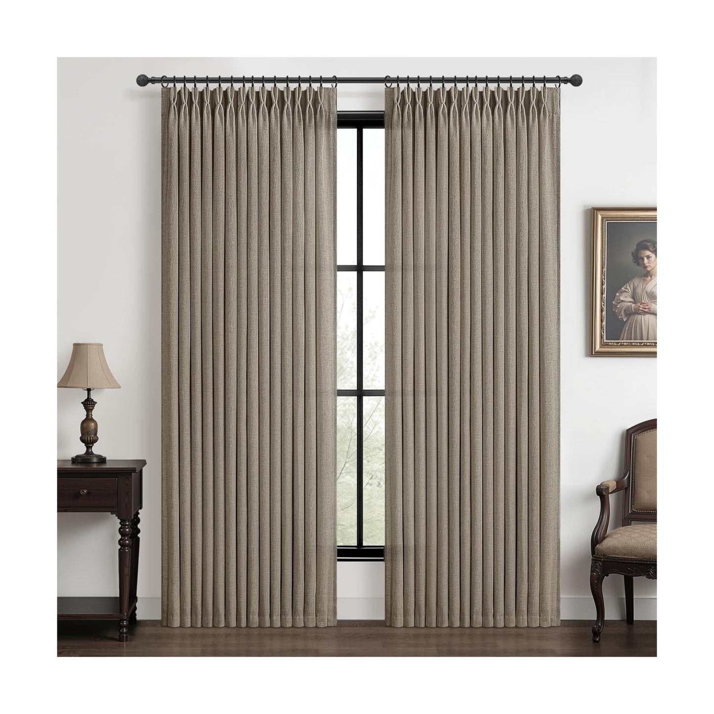 Pinch Pleated Light Filtering 70 Inch Extra Wide Curtains 108 Inches Long for Bedroom, Dark Brown Memory Shape Privacy