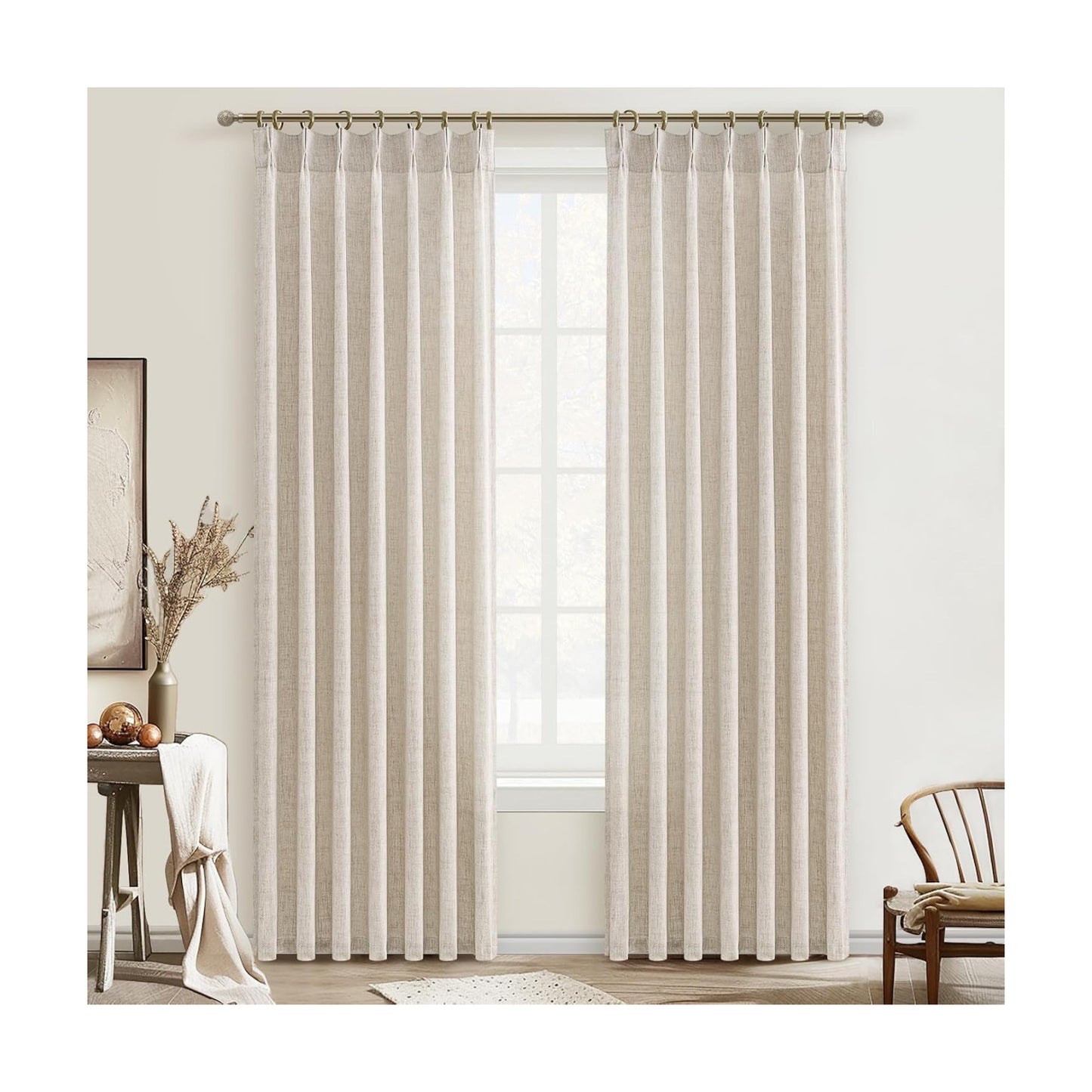 Custom Natural Linen Pinch Pleated Room Divider Curtains 78 Inches Long 2 Panels Set, Memory Trained Light Filtering