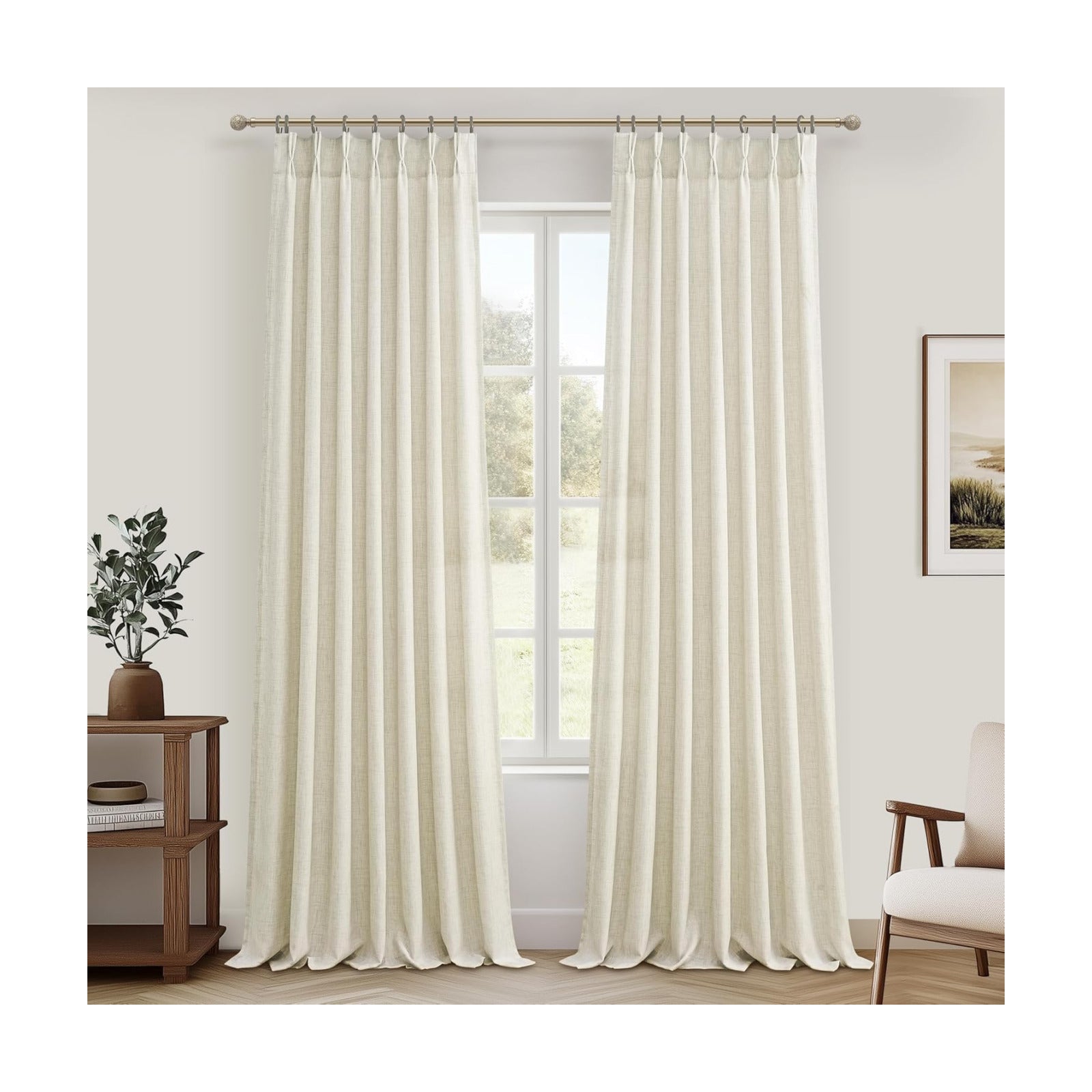 Pinch Pleated 70 Inch Extra Wide Cream Light Filtering Dining Room Curtains 96 Inches Long, Memory Shape Natural Linen
