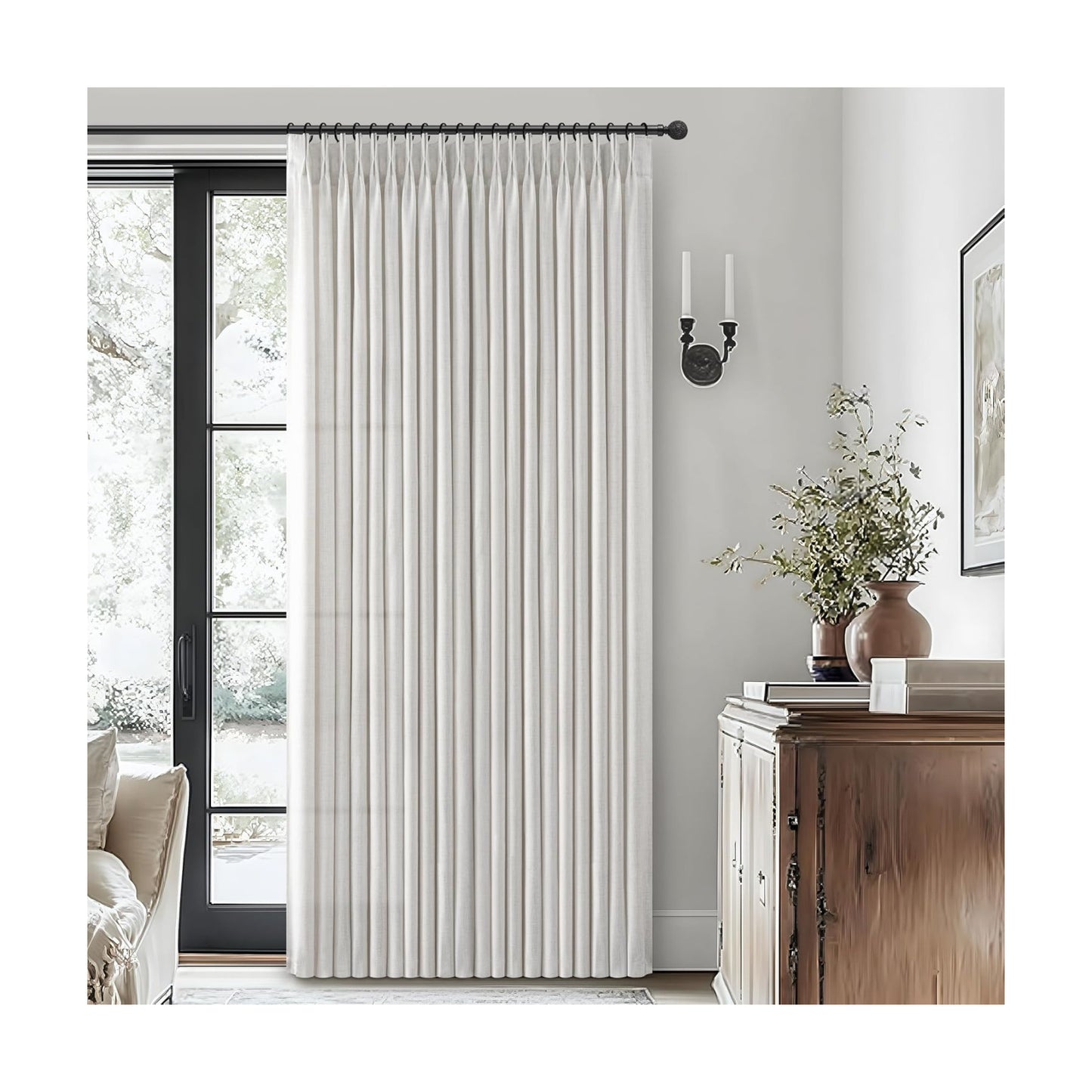 Beige White 70 Inch Extra Wide Pinch Pleat Light Filtering Sliding Glass Door Curtains 120 Inches Long, Memory Trained