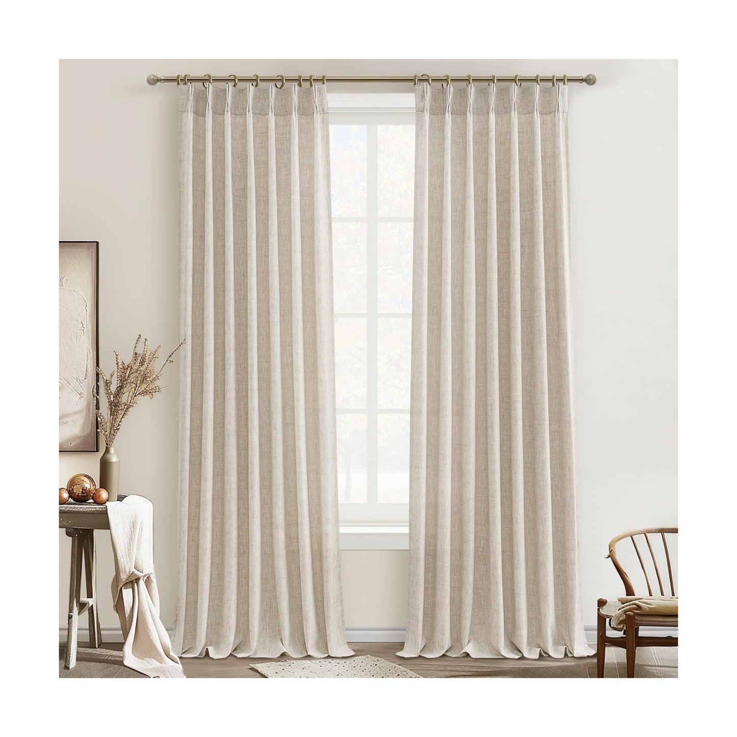 Extra Long 132 Inch Pinch Pleated Natural Linen Curtains for Bedroom 2 Panels Set, Light Filtering Memory Trained