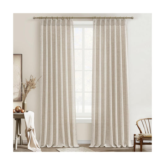 Extra Long 132 Inch Pinch Pleated Natural Linen Curtains for Bedroom 2 Panels Set, Light Filtering Memory Trained