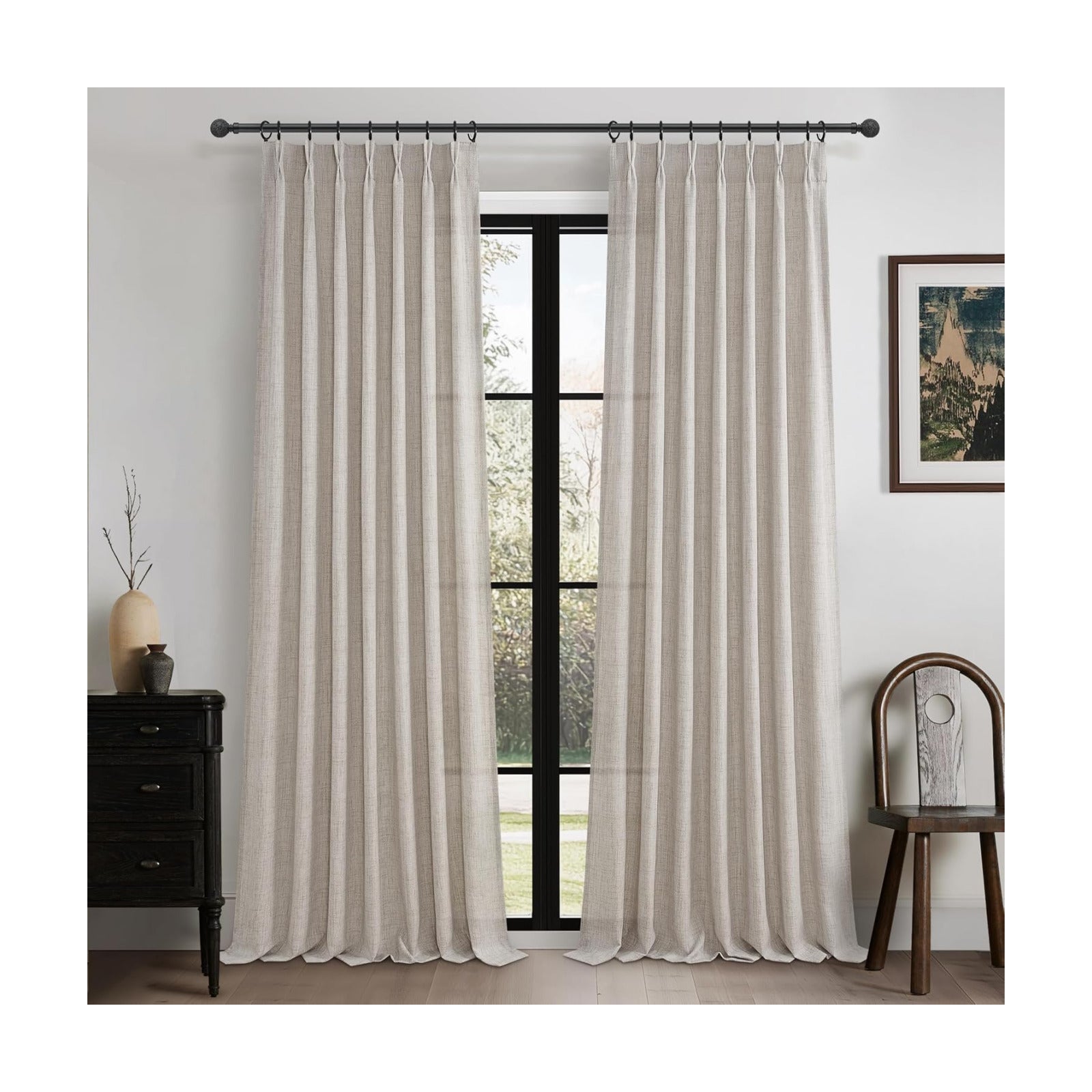 Greyish Brown Pinch Pleated Light Filtering Room Divider Curtains 95 Inches Long 2 Panels Set, Memory Trained Natural