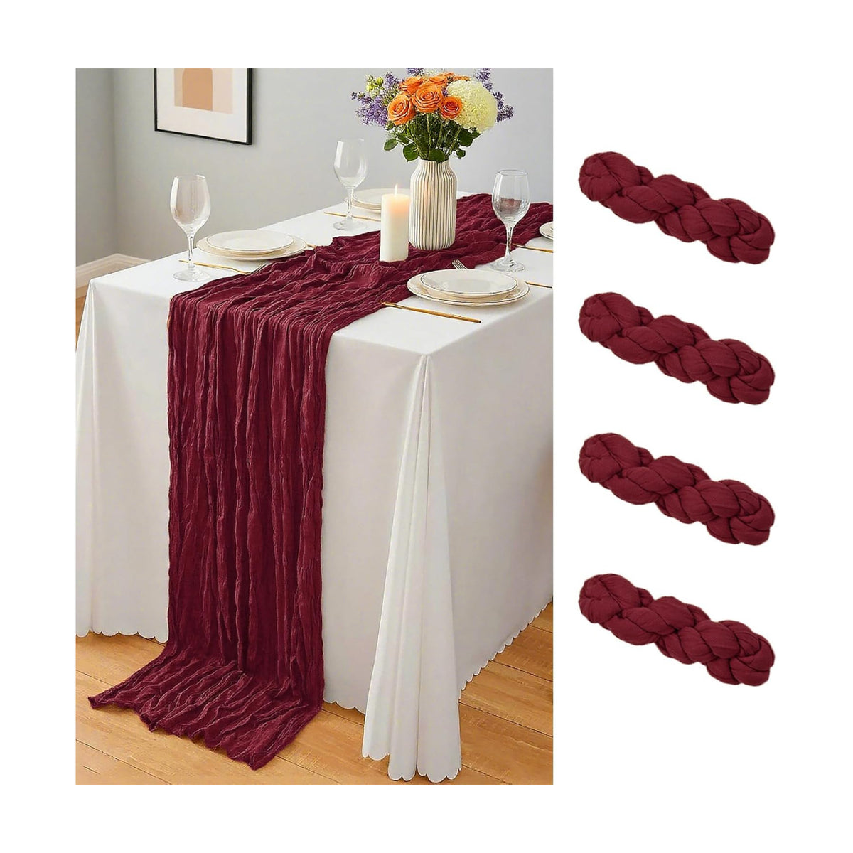 4 Pcs Burgundy Christmas Cheesecloth Table Runner 10Ft, Gauze Table Runners 21.5 x 120 inch, Semi Sheer Cheese Cloth Fabric Runner Bulk for Wedding,Party,Baby Shower,Bridal Shower