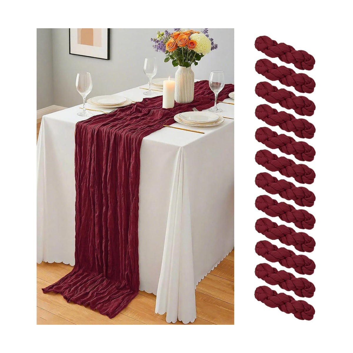12 Pcs Burgundy Christmas Cheesecloth Table Runner 10Ft, Gauze Table Runners 21.5 x 120 inch,Semi Sheer Cheese Cloth Fabric Runner Bulk for Wedding,Party,Baby Shower,Bridal Shower