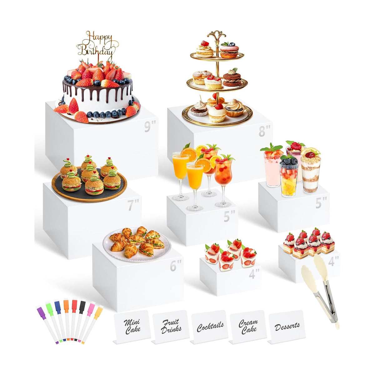 8 Pcs White Buffet Risers with Mini Table Sign, Serving Tongs, Acrylic Food Risers for Buffet Table Display Stand Shelf