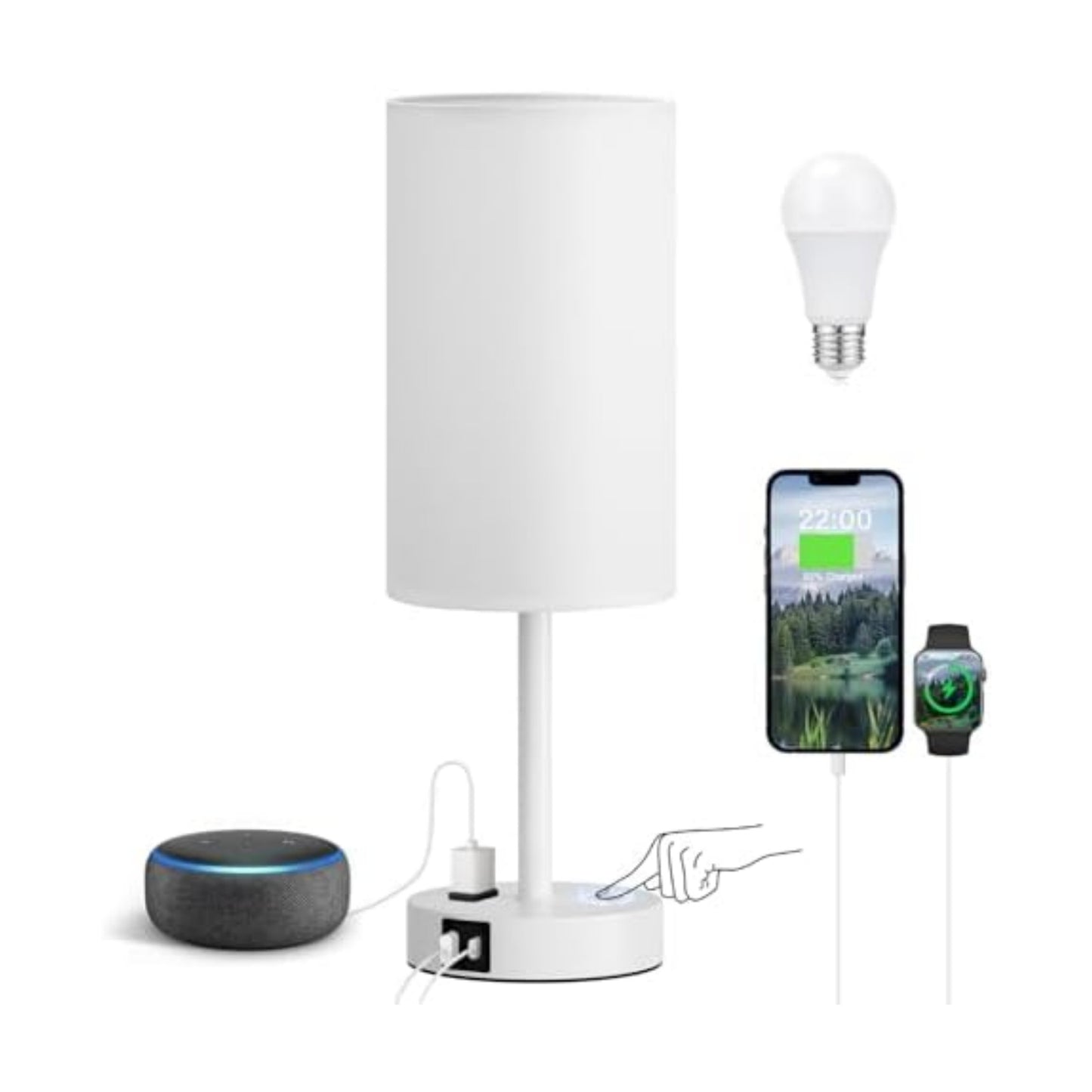Fenmzee 17.4" White Lamp for Bedroom - Dimmable Touch, USB A+C, AC Outlet