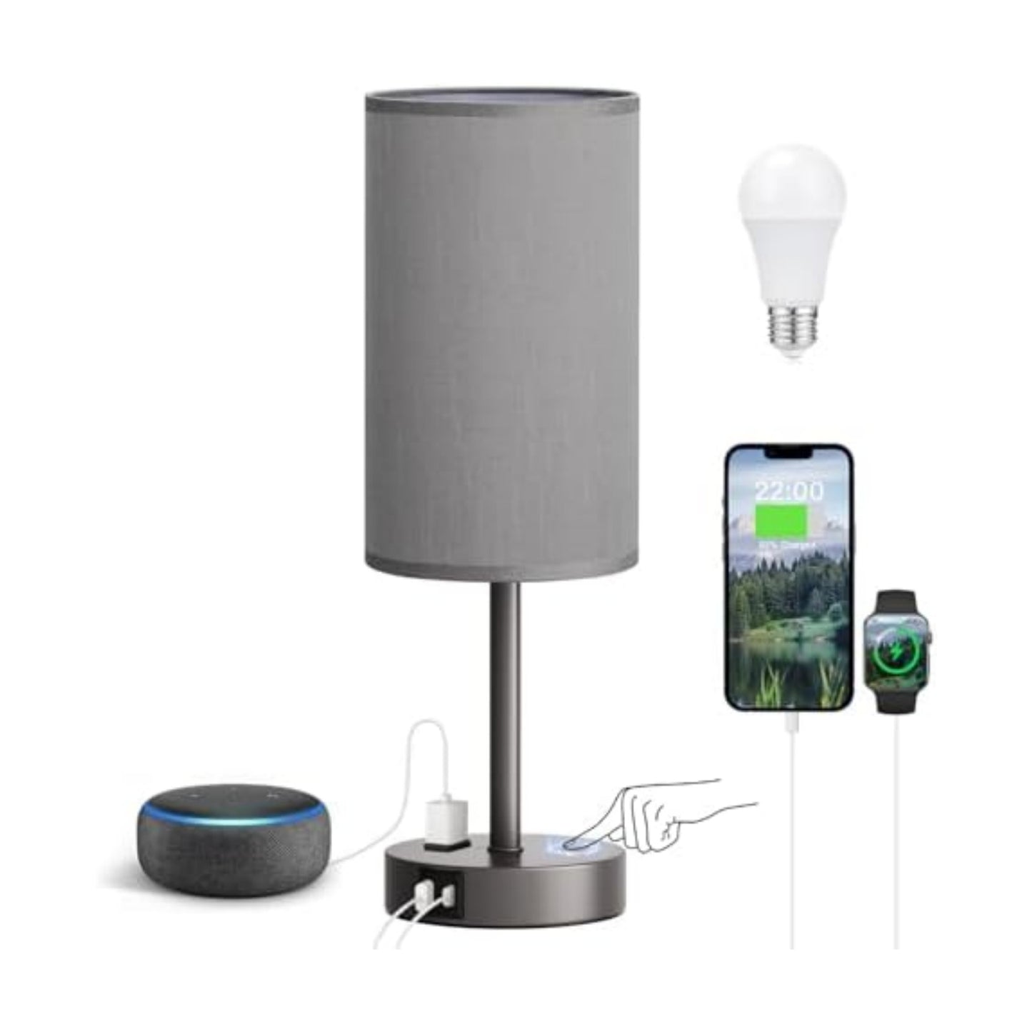 Fenmzee 17.4" Grey Lamp for Bedroom - Dimmable Touch, USB A+C, AC Outlet