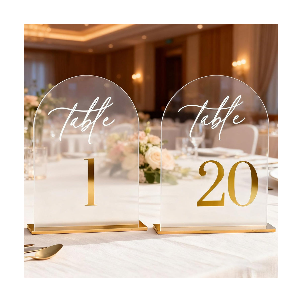 1-20 Arch Acrylic Wedding Table Numbers with Stands 5x8 Inch Signs | Transparent acrylic, golden letter print, sturdy