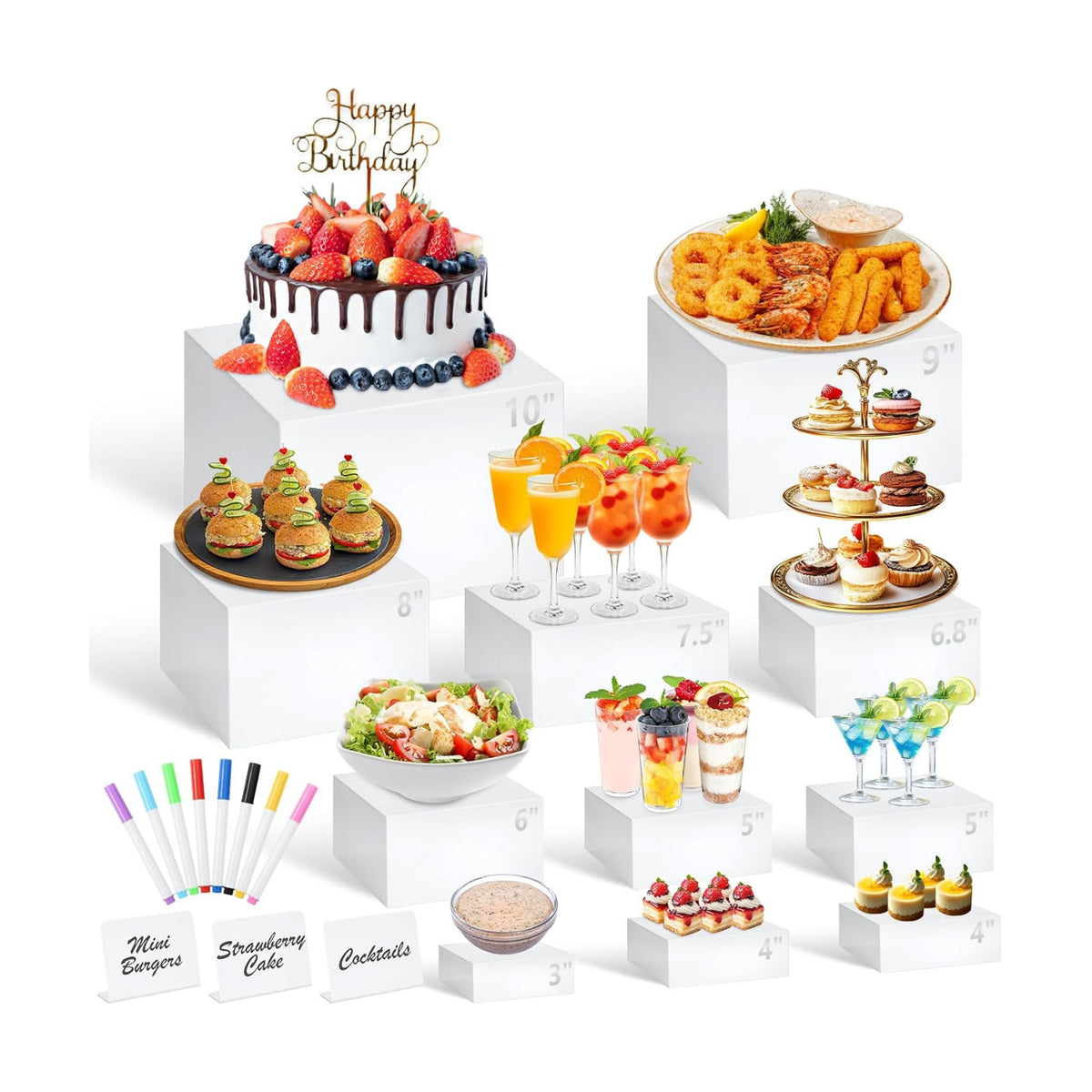 11 Pcs White Acrylic Buffet Risers and Stand with Mini Table Sign and Maker | Food Riser for Buffet Table Display Stand