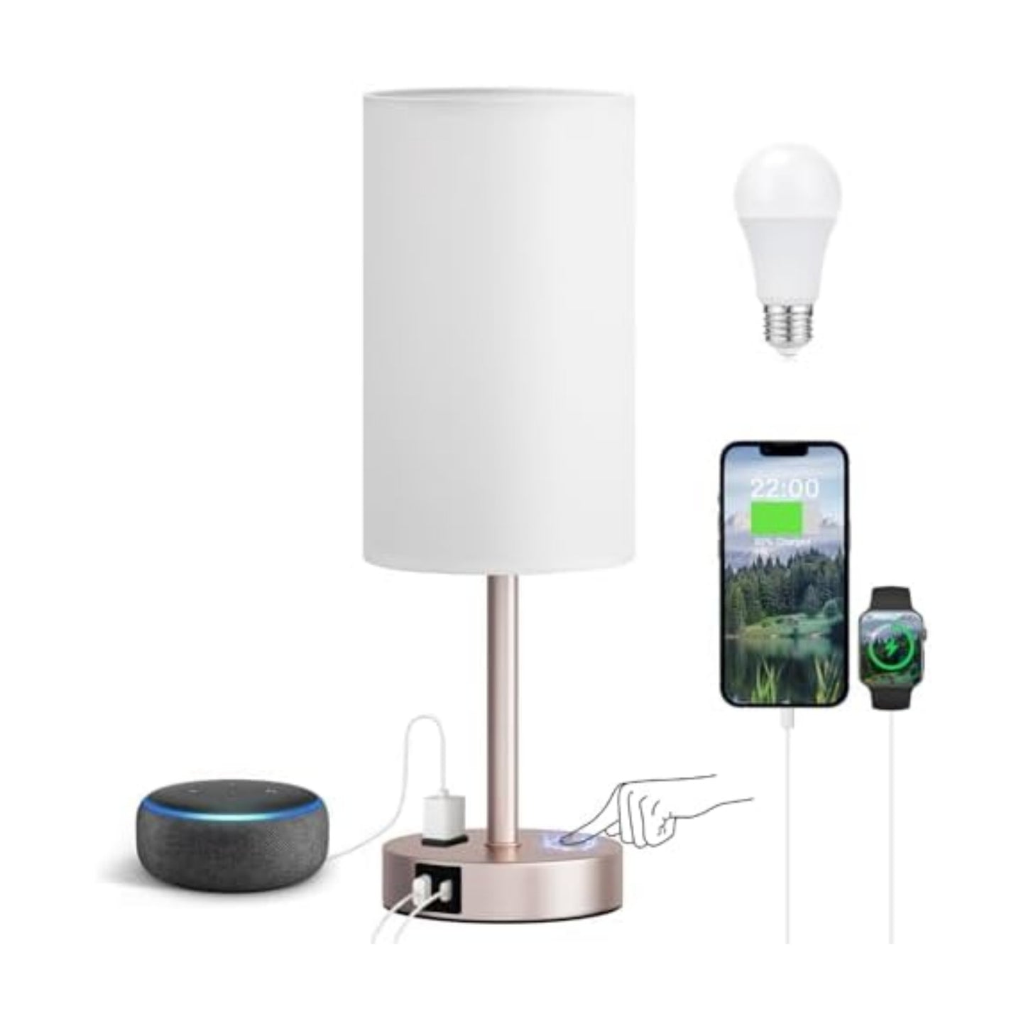 17.4" Antique White Lamp for Bedroom - Dimmable Touch, USB A+C, AC Outlet