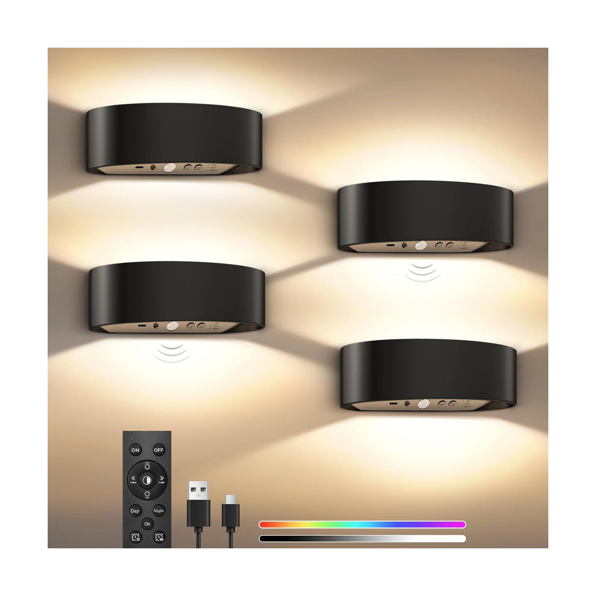 Motion Sensor Wall Sconces Set of 4, Rechargeable 5000mAh Battery Operated Wall Light with Remote Control, 15 RGB and 3