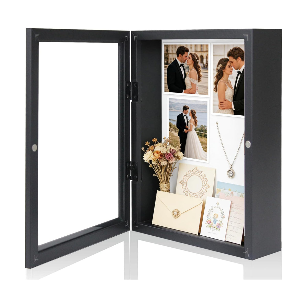 Muzilife 13x16 Shadow Box Wood Picture Frame, 2.16 Deep, Real Glass, Black | FSC-Wood, Magnetic Door, Linen Interior &