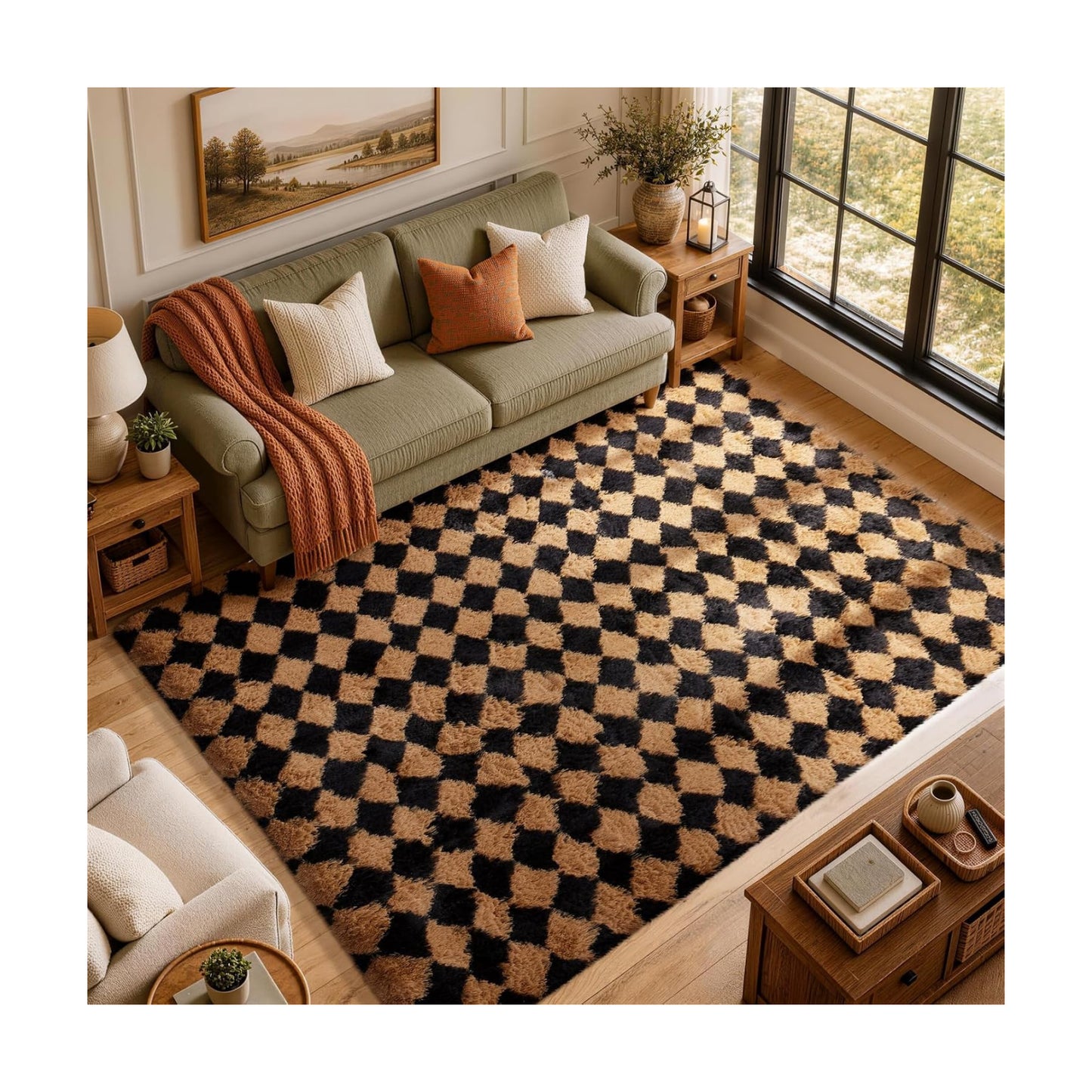 Ophanie 8x10 Black & Beige Diamond Checkered Rugs for Living Room Bedroom,Large Rhombus Fluffy Soft Fuzzy Area