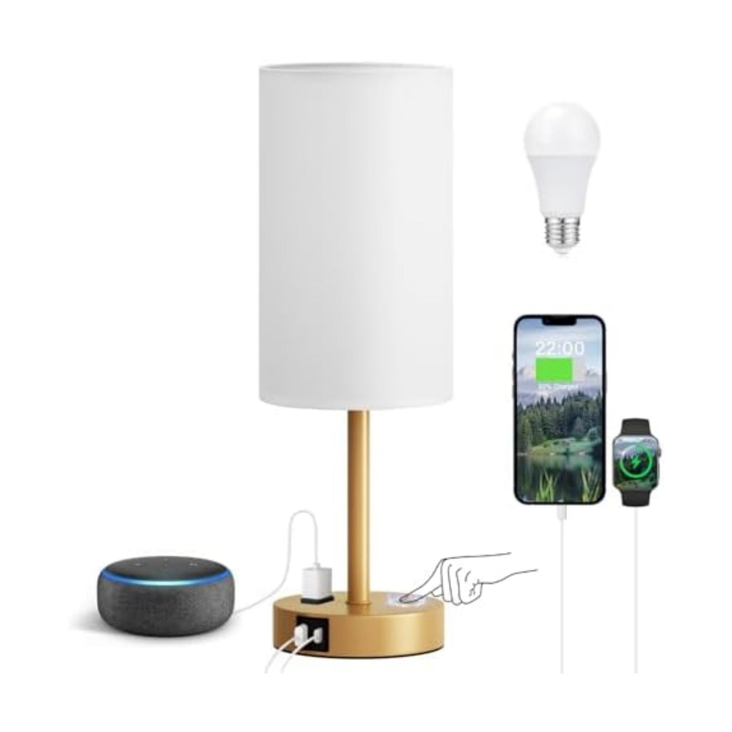 Fenmzee 17.4" Gold Lamp for Bedroom - Dimmable Touch, USB A+C, AC Outlet
