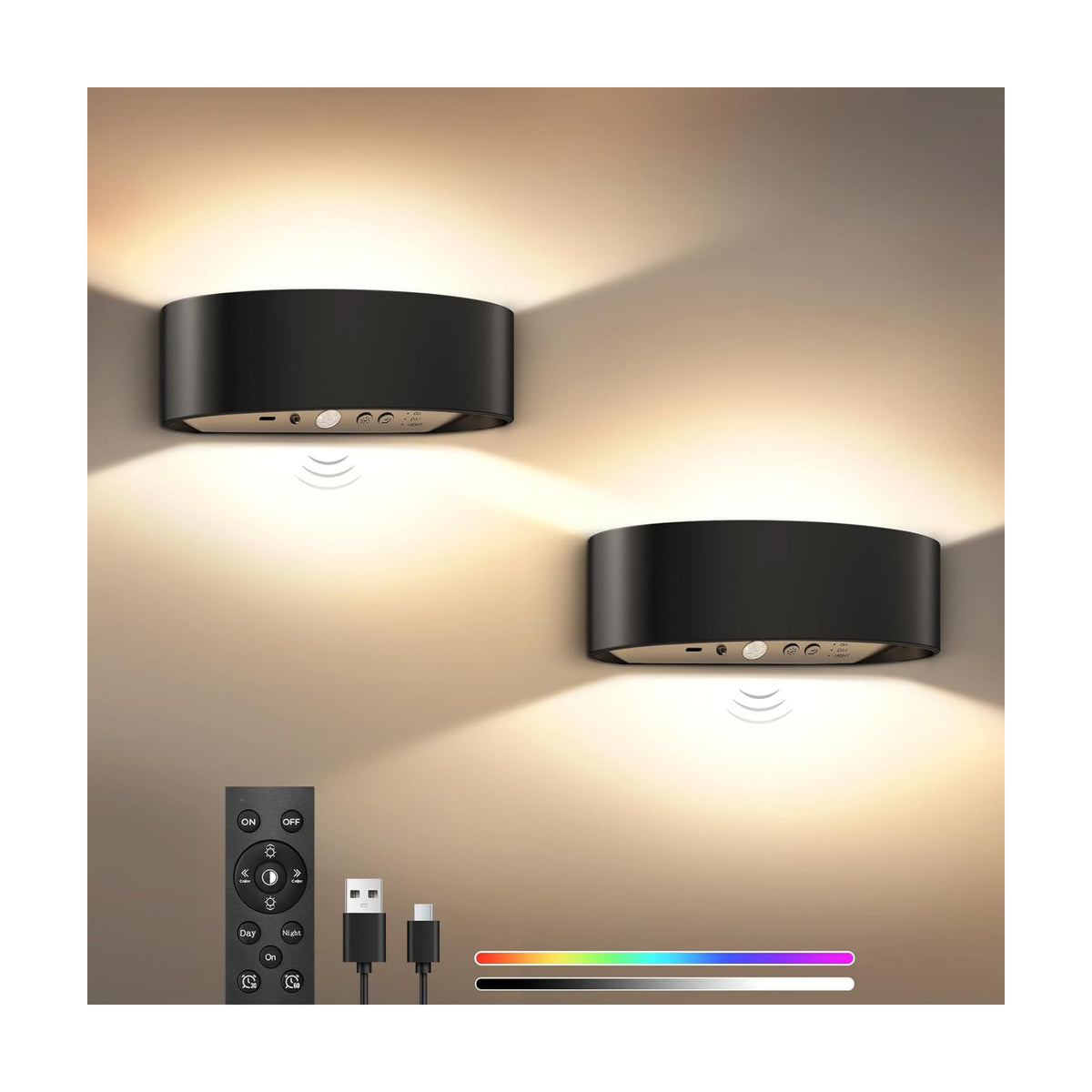 Motion Sensor Wall Sconces Set of 2, Rechargeable 5000mAh Battery Operated Wall Light with Remote Control, 15 RGB and 3