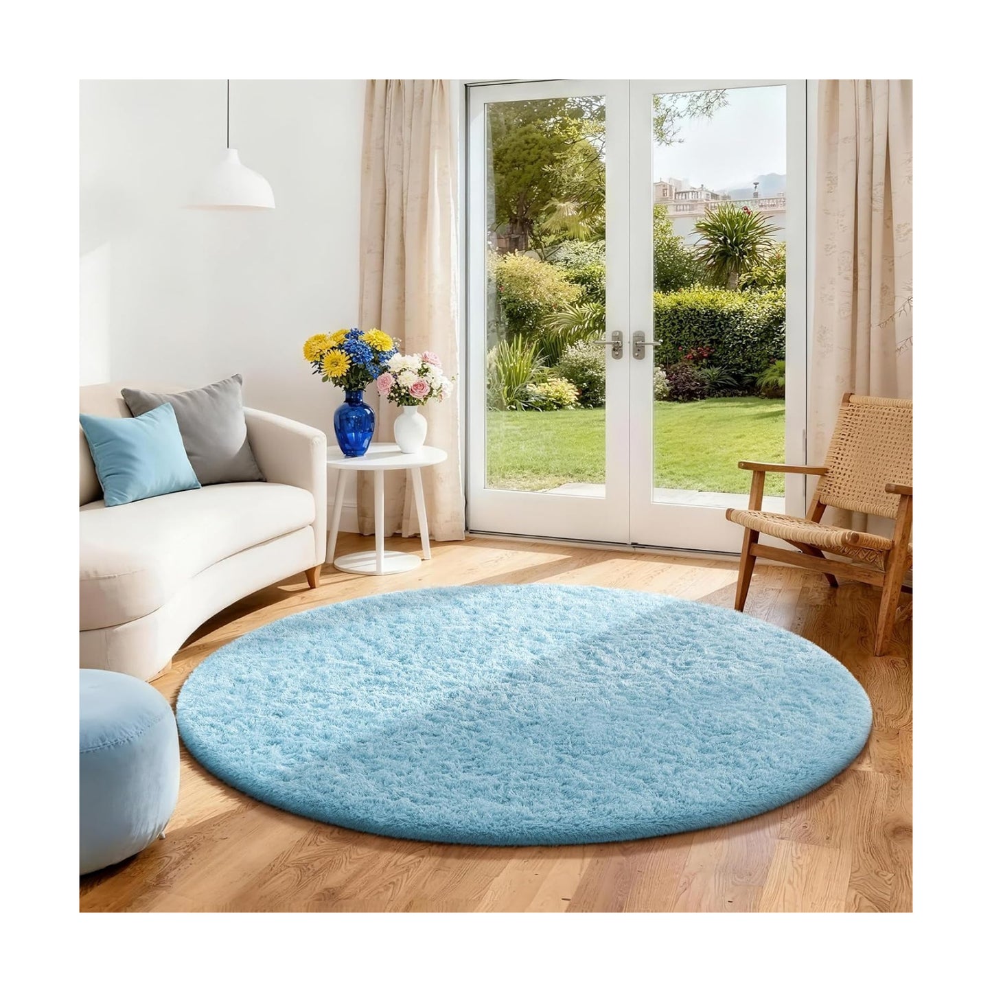 Ophanie Round Rug 4Ft Light Blue Circle Area Rugs, Fluffy Fuzzy Small Bedroom Carpet 4 Foot, Plush Shag Floor Living