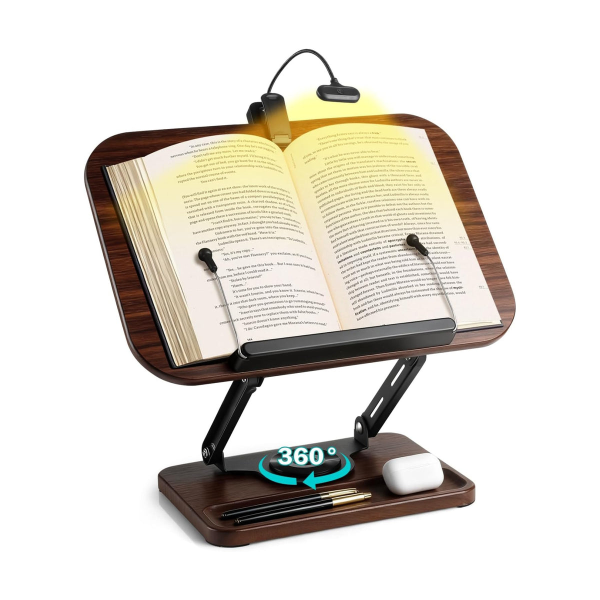 Book Stand with Light & Storage, Book Holders for Reading Hands Free | bible stand holder, wooden cookbook stand