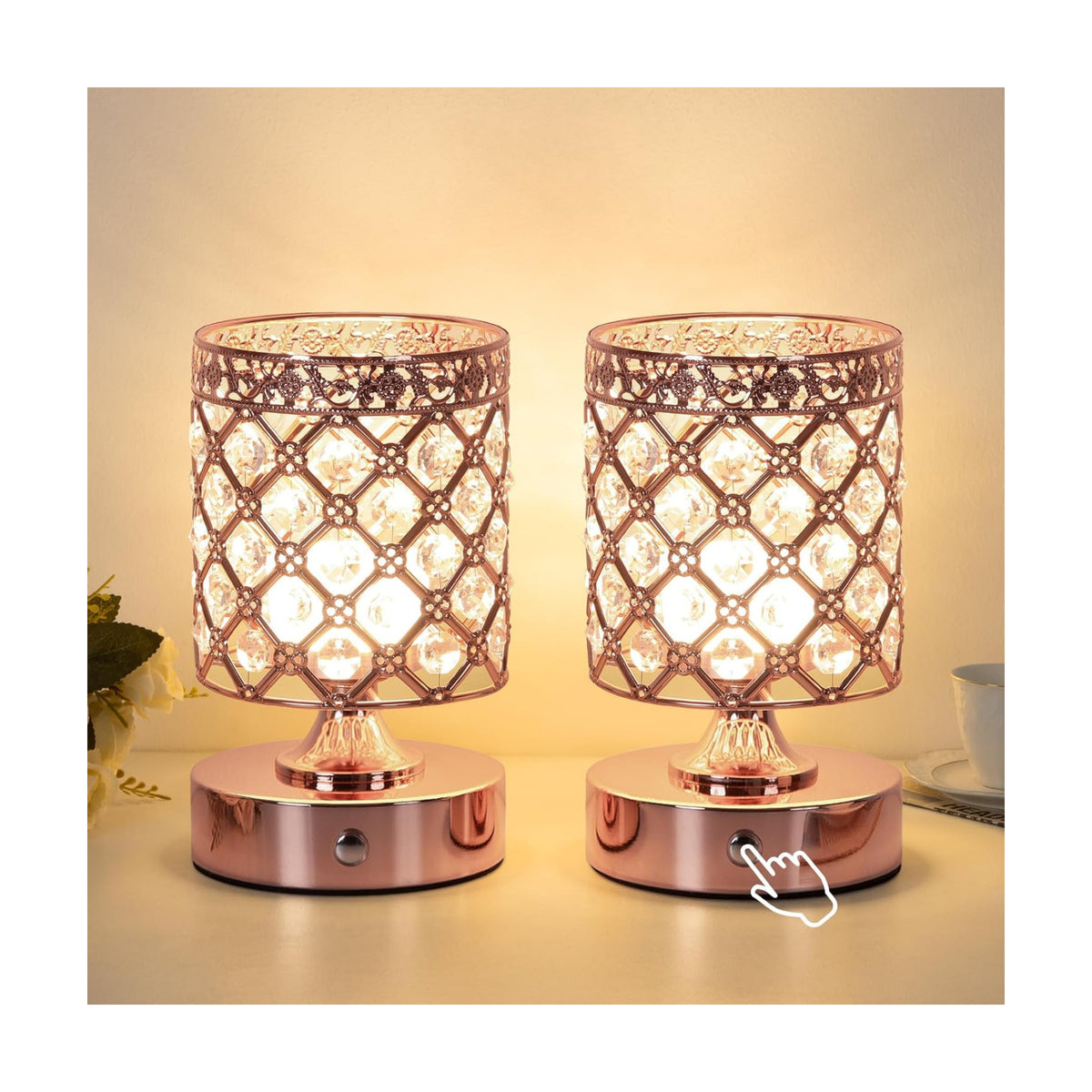 Rose Gold Small Crystal Rechargeable Cordless Table Lamps Set of 2 | 6000mAh Battery, 3 Color Temps, Stepless Dimming
