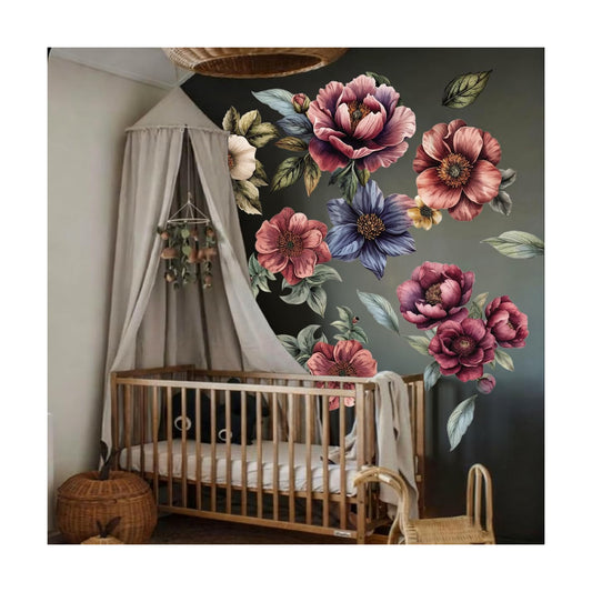 Large Flower Wall Art Decals Boho Fabric Jumbo Floral Wall Stickers for Girls Bedroom Living Room