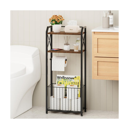 HapiRm Freestanding Toilet Paper Holder - 4-Tier Bathroom Tissue Organizer with Wood Shelves and Large Basket, Toilet