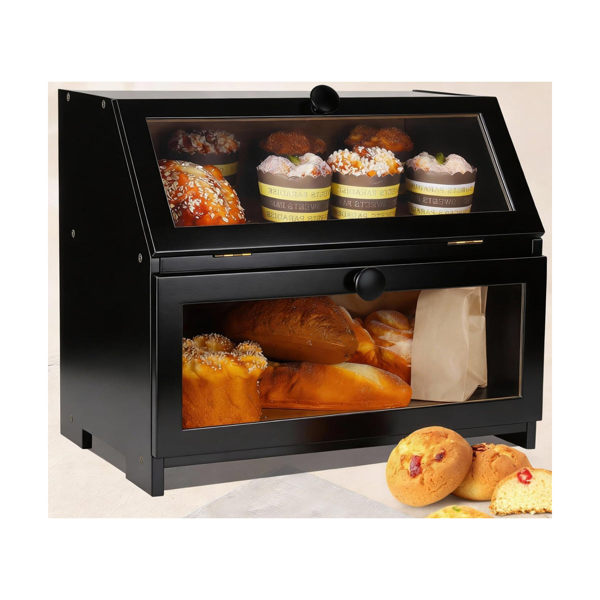 Bamboo Bread Box for Kitchen Countertop, Large Bread Storage Container Bin 2 Layer Breadbox Holder for Kitchen Counter