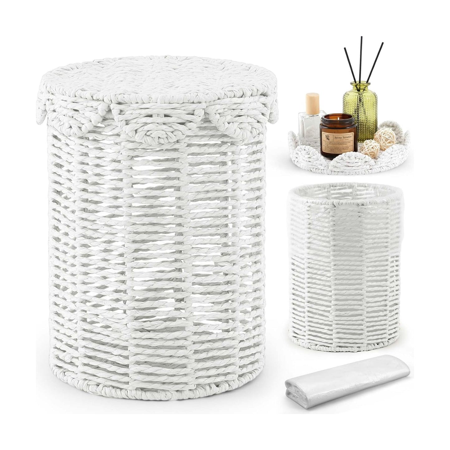 Lid Handle Woven Wicker Rattan Bathroom Waste Basket Boho / Scalloped Style / White / 1.3 Gallons