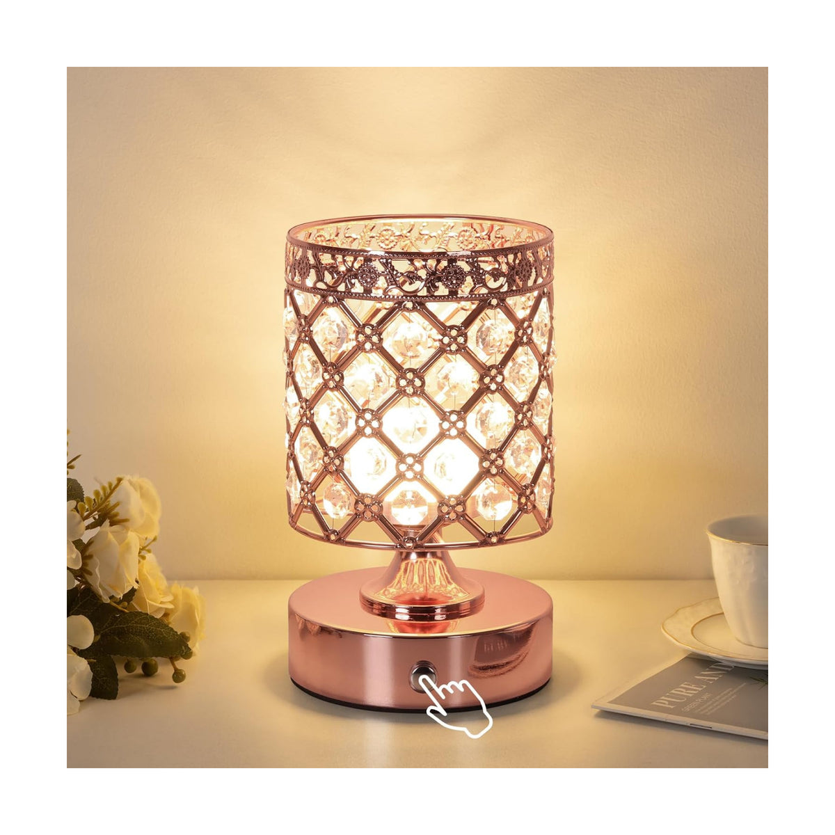 Rose Gold Crystal Rechargeable Cordless Table Lamp, Touch Small Desk Lamp | 6000mAh Battery, 3 Color Temps, Stepless